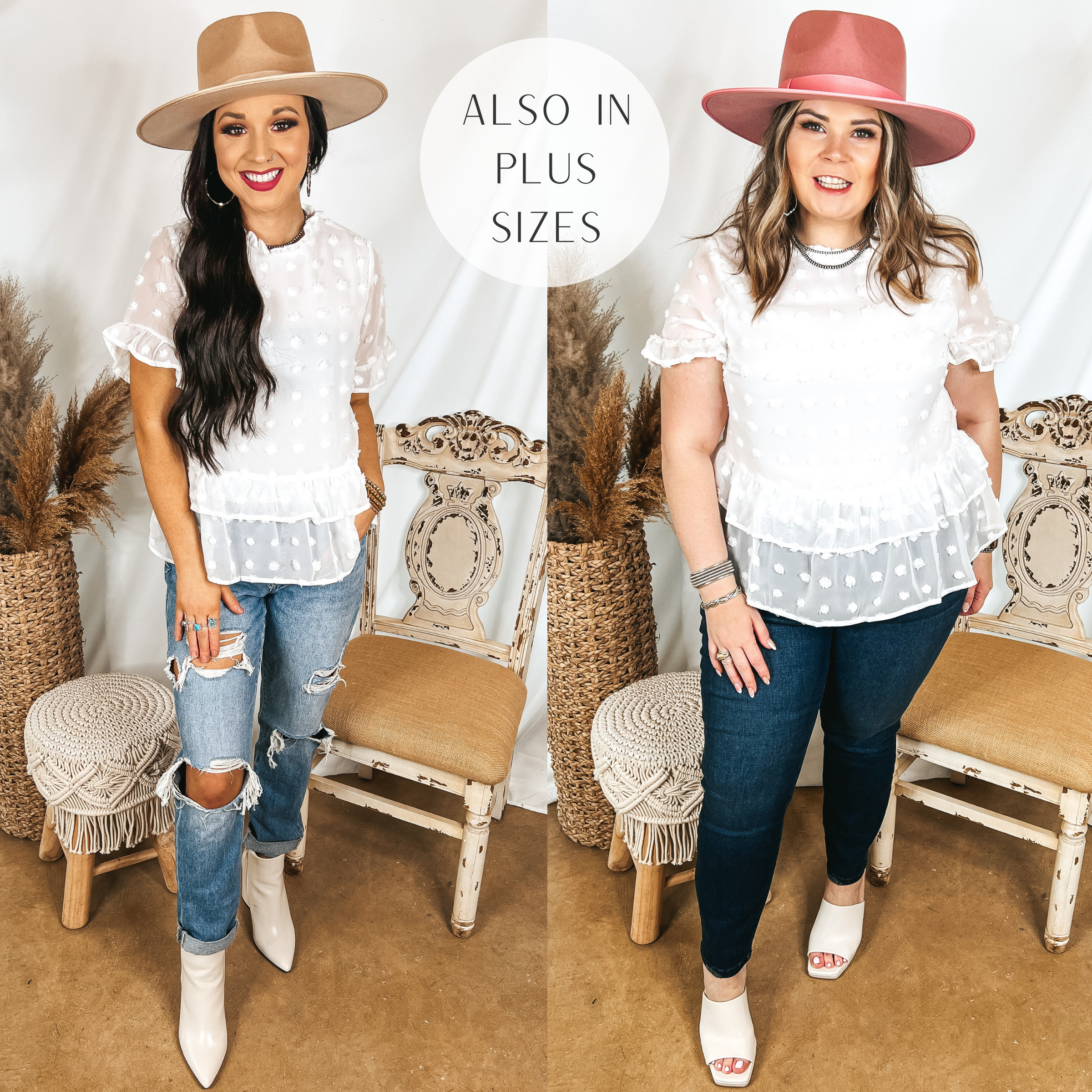 Models are wearing a white swiss dot peplum top. Size small model has it paired with distressed jeans, white booties, and a tan hat. Size large model has it paired with dark wash jeans, white heels, and a pink hat.