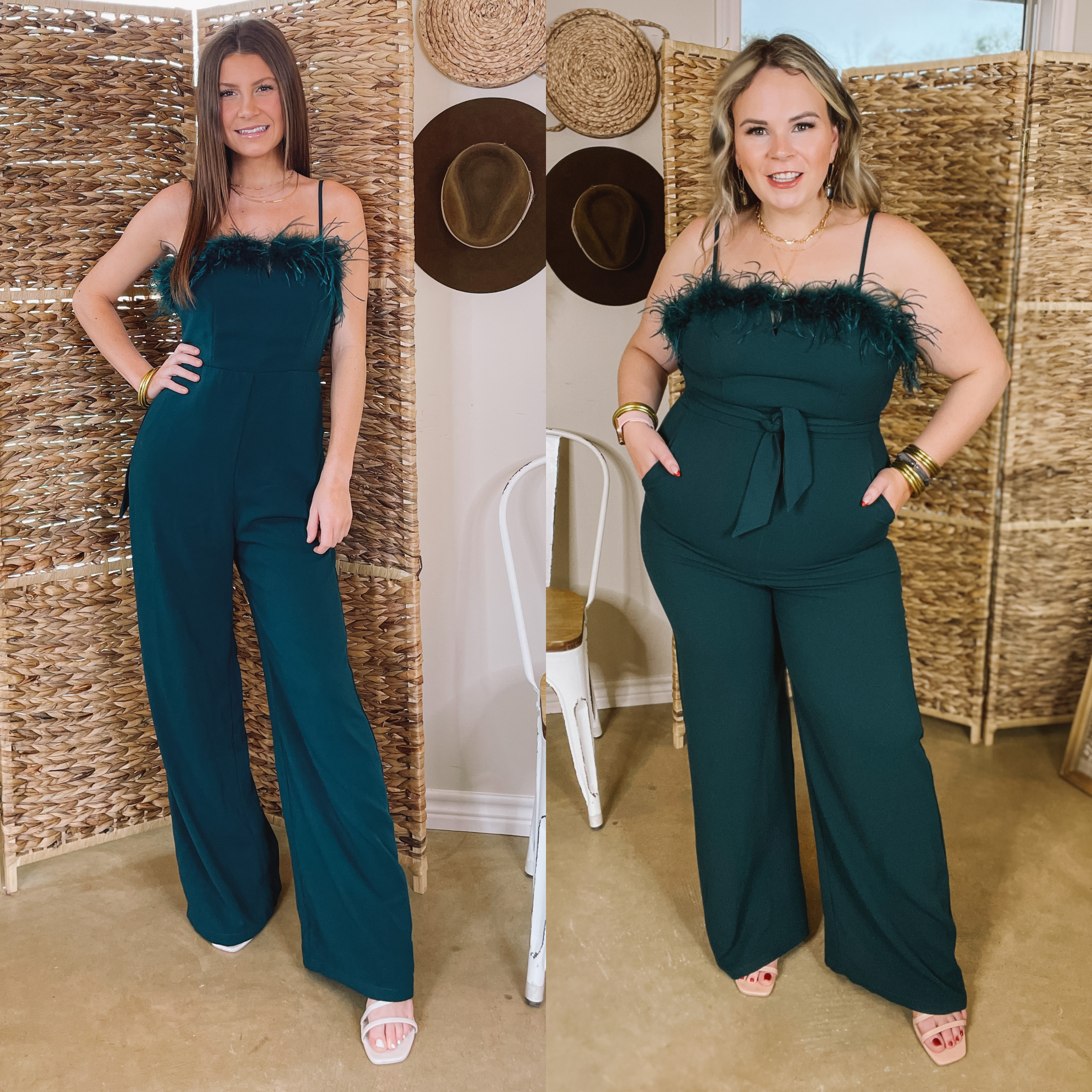 Models are wearing a emerald green jumpsuit with a tie around the waist and feathers around the neckline. Models are also wearing nude heels and gold jewelry. 