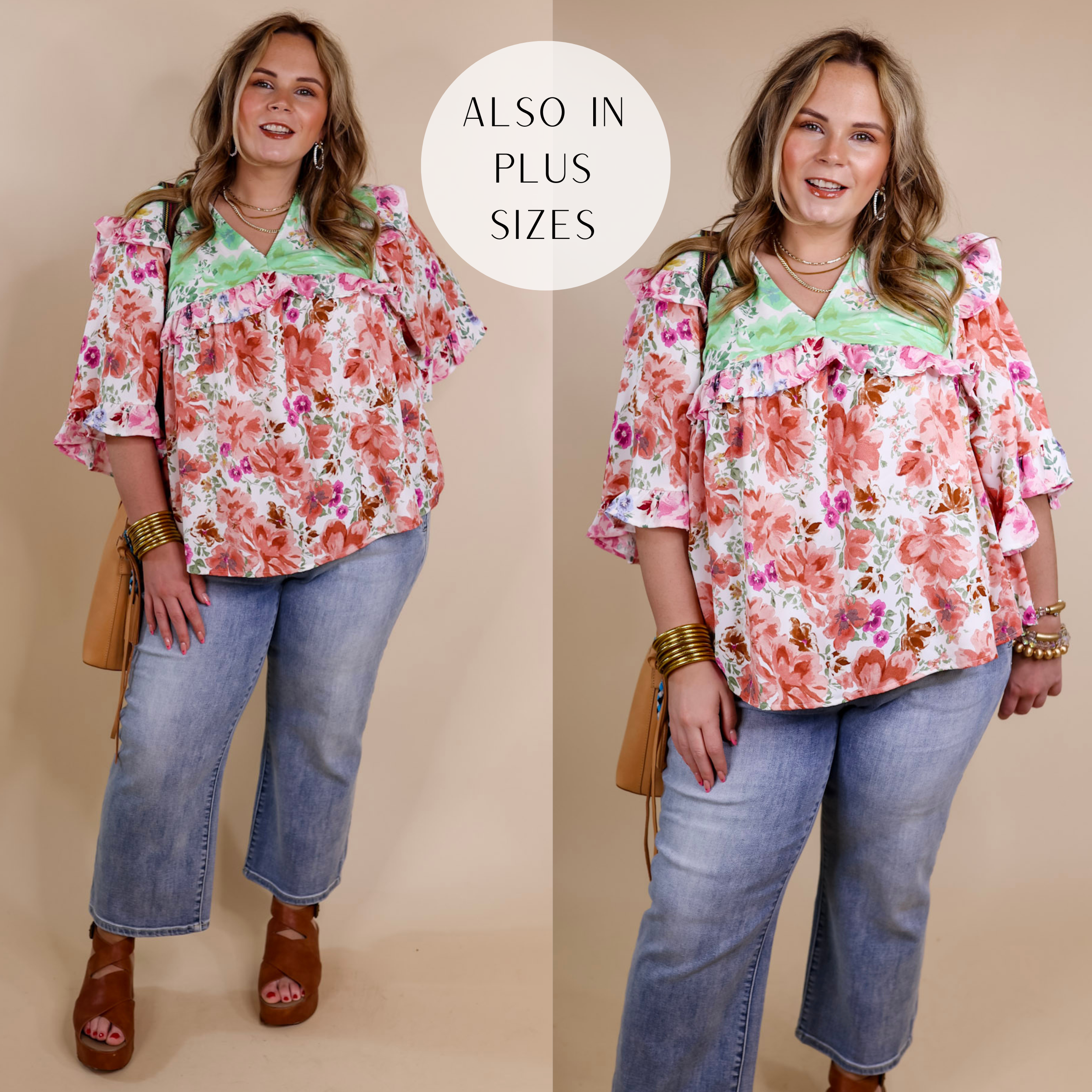 Model is wearing a floral top with short sleeves, ruffle details, a v neckline, in a mix of orange, pink, and green. Model has it paired with light wash jeans, tan wedges, and gold jewelry.