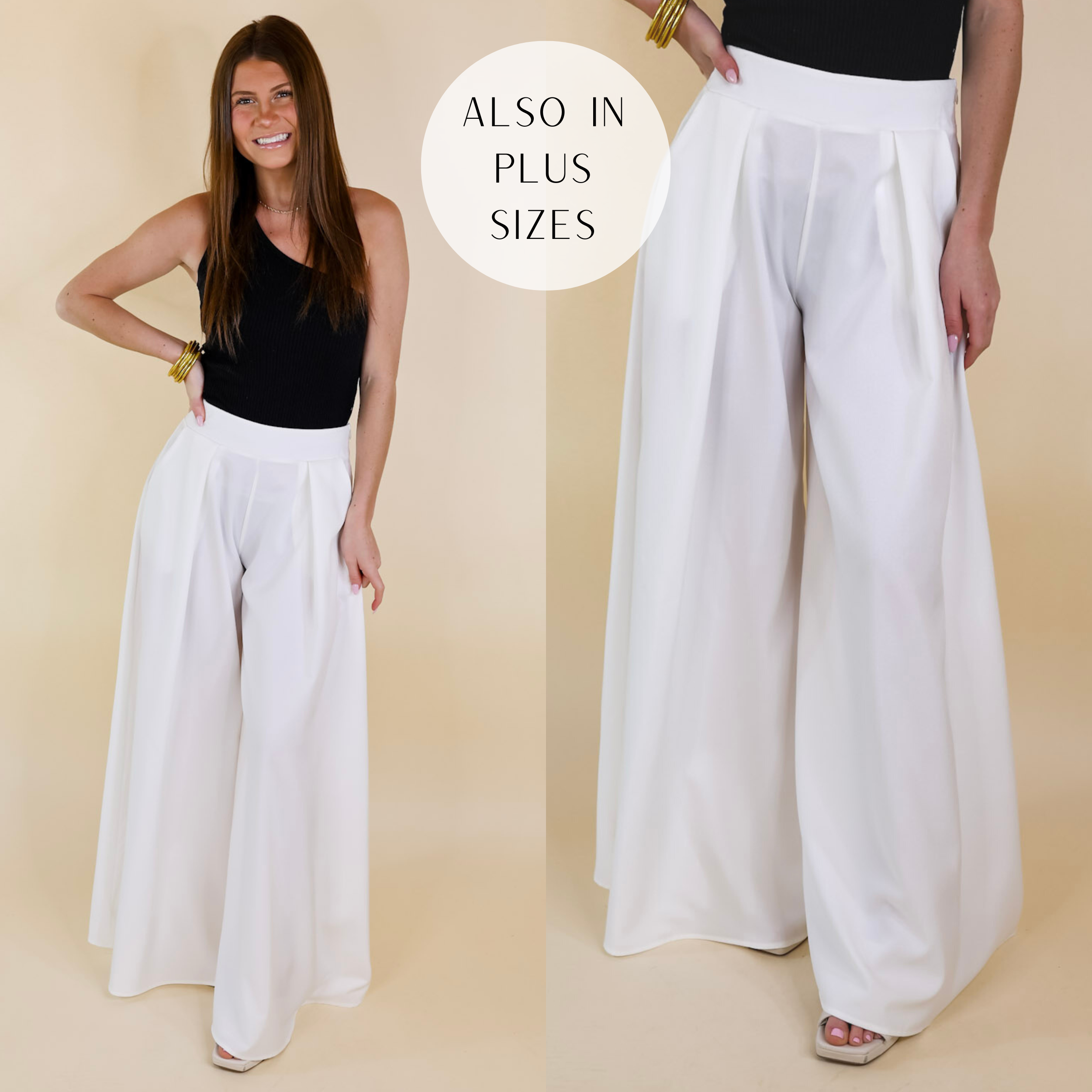 Model is wearing a pair of off-white pants with pleated detail on the front and a super wide leg. Model has it paired with a black tank top, ivory heels, and gold jewelry.