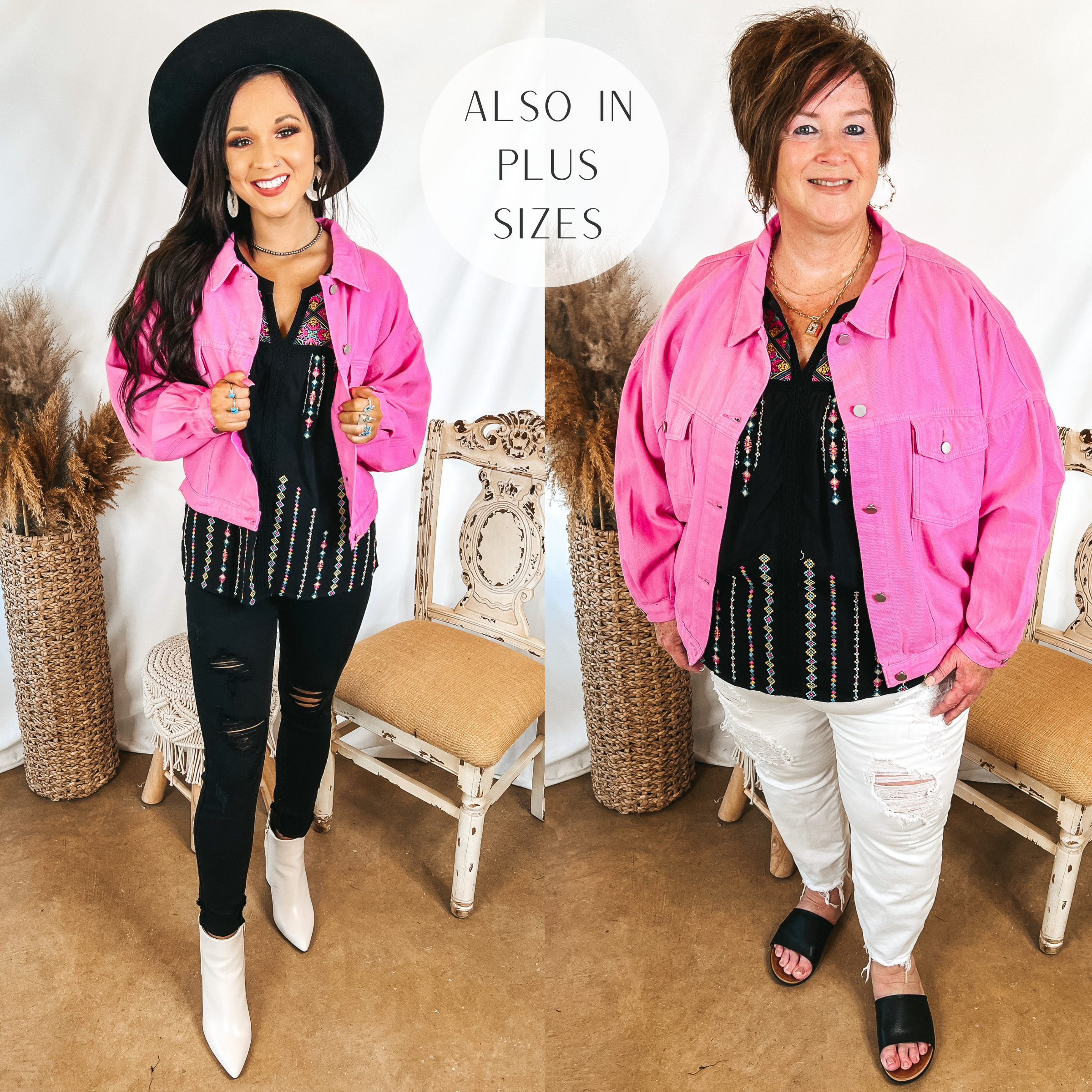 Models are wearing a bright pink denim jacket over a black embroidered top. Size small model has it paired with black jeans, a black hat, and white booties. Plus size model has it paired with white jeans, black sandals, and gold jewelry.