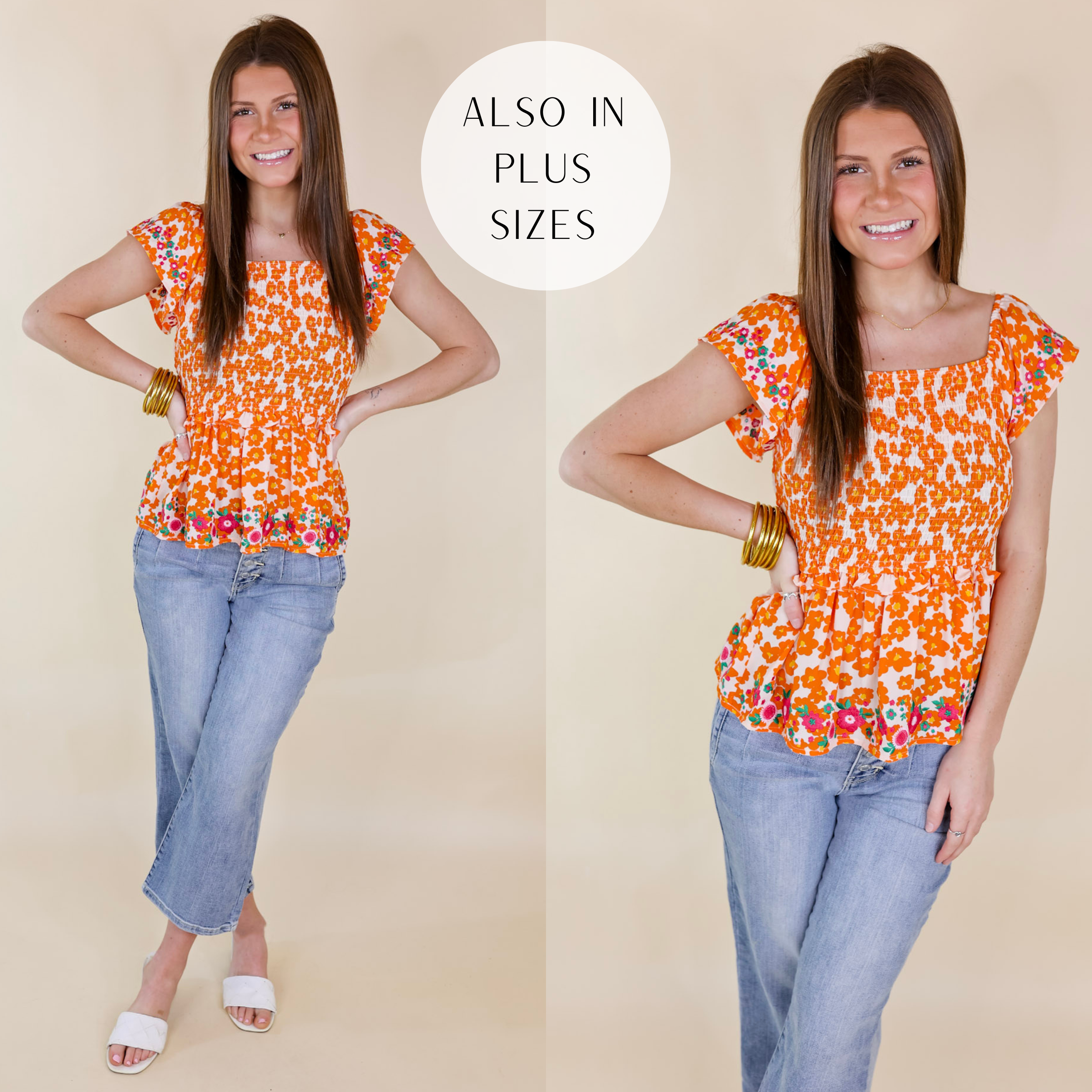Blossom Boulevard Smocked Floral Peplum Top with Floral Embroidery in Orange - Giddy Up Glamour Boutique