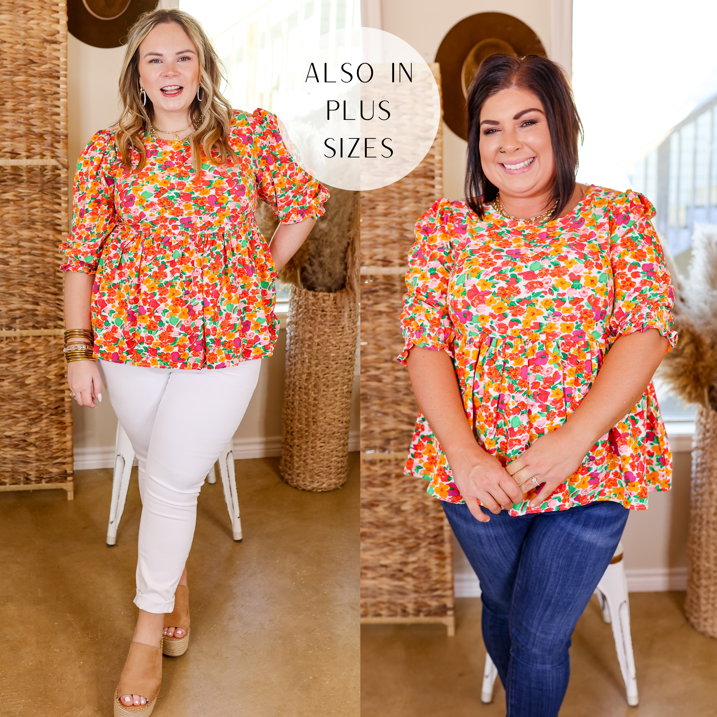 Model is wearing a floral babydoll blouse with half sleeves in pink, yellow, orange and green. Model one has this top paired with white jeans, nude heels and gold jewelry. Model two has this top paired with blue jeans and gold jewelry. 