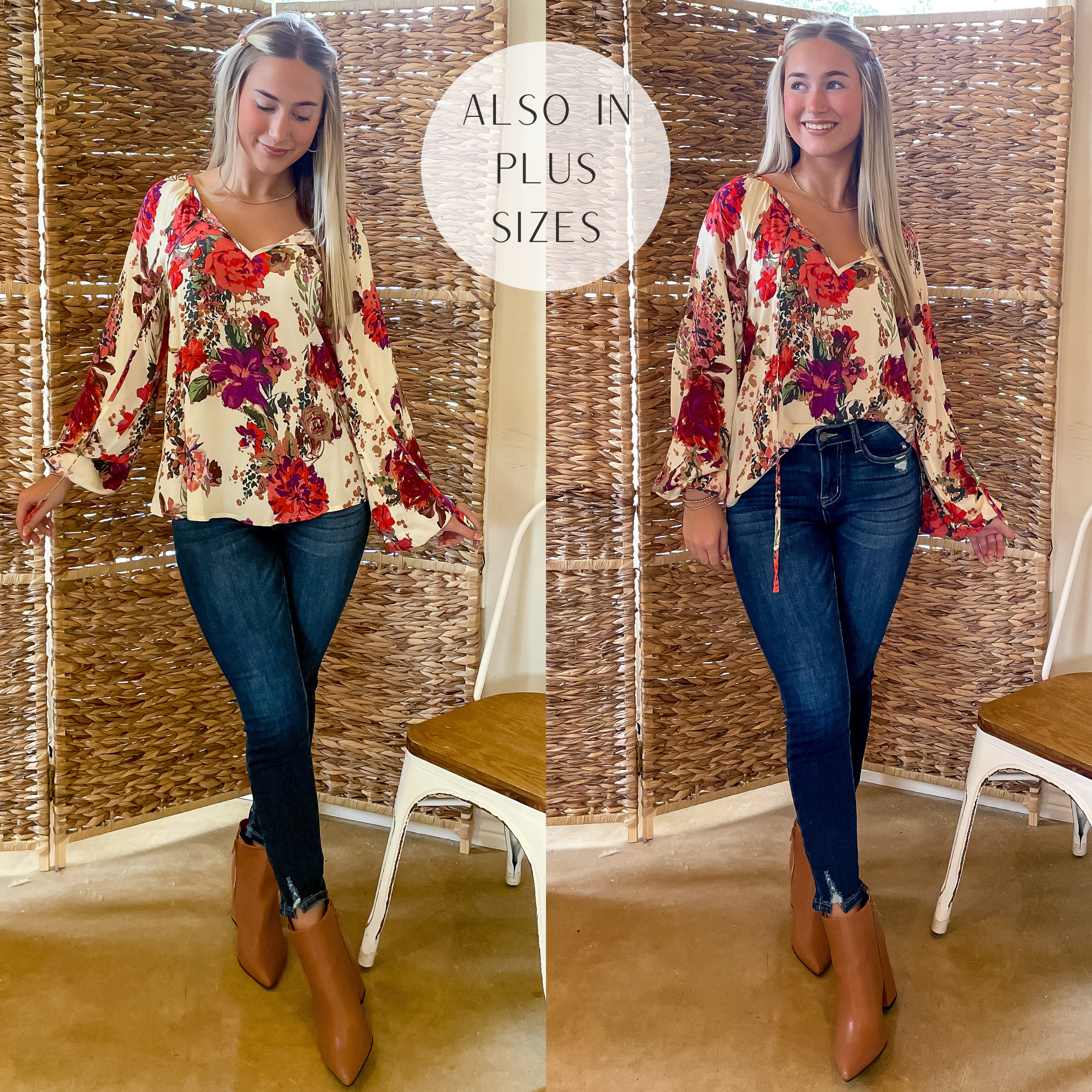 Everyday Beauty Floral Print Long Sleeve Top with Front Keyhole in Ivory - Giddy Up Glamour Boutique