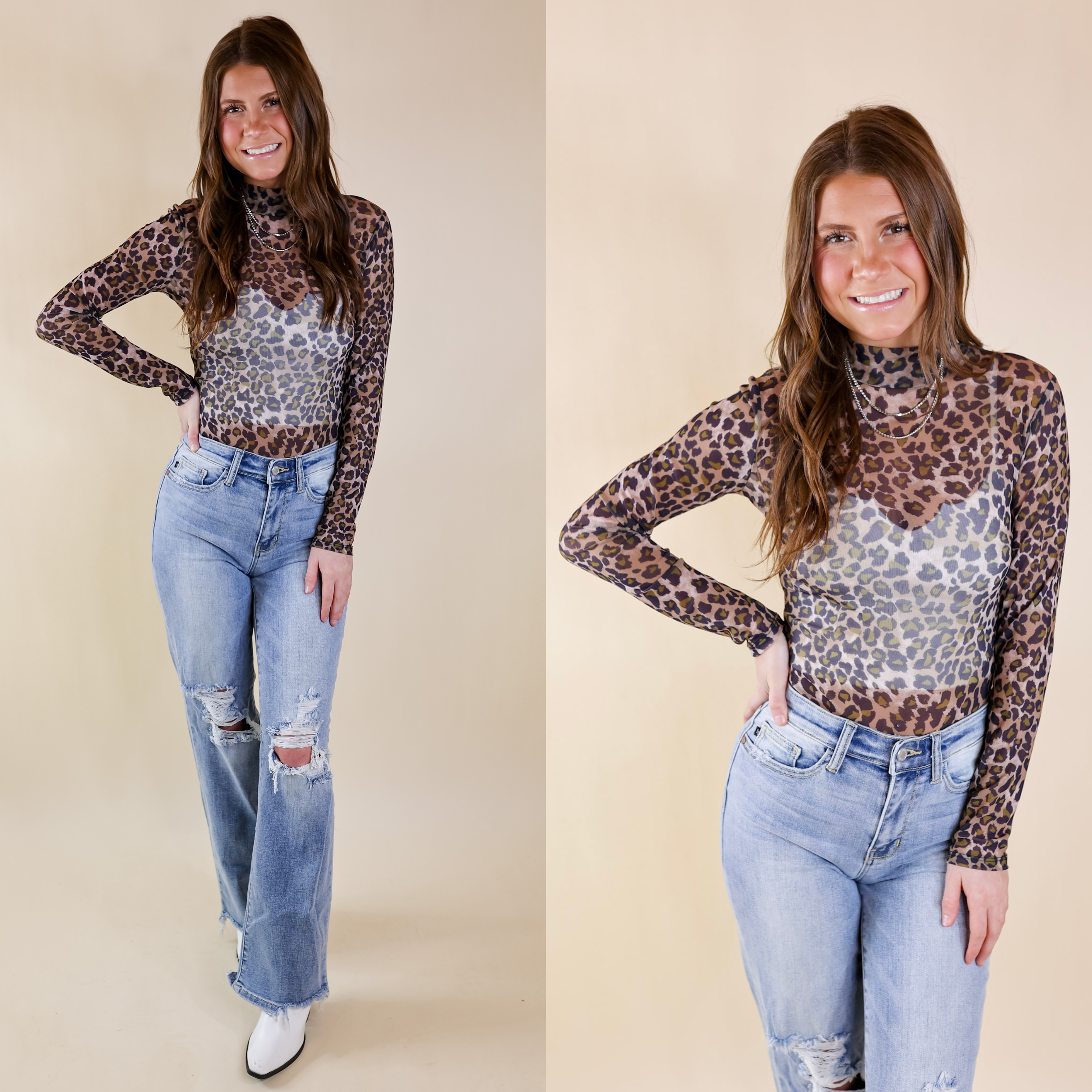 Try Your Luck Mesh Long Sleeve Bodysuit in Leopard Print - Giddy Up Glamour Boutique