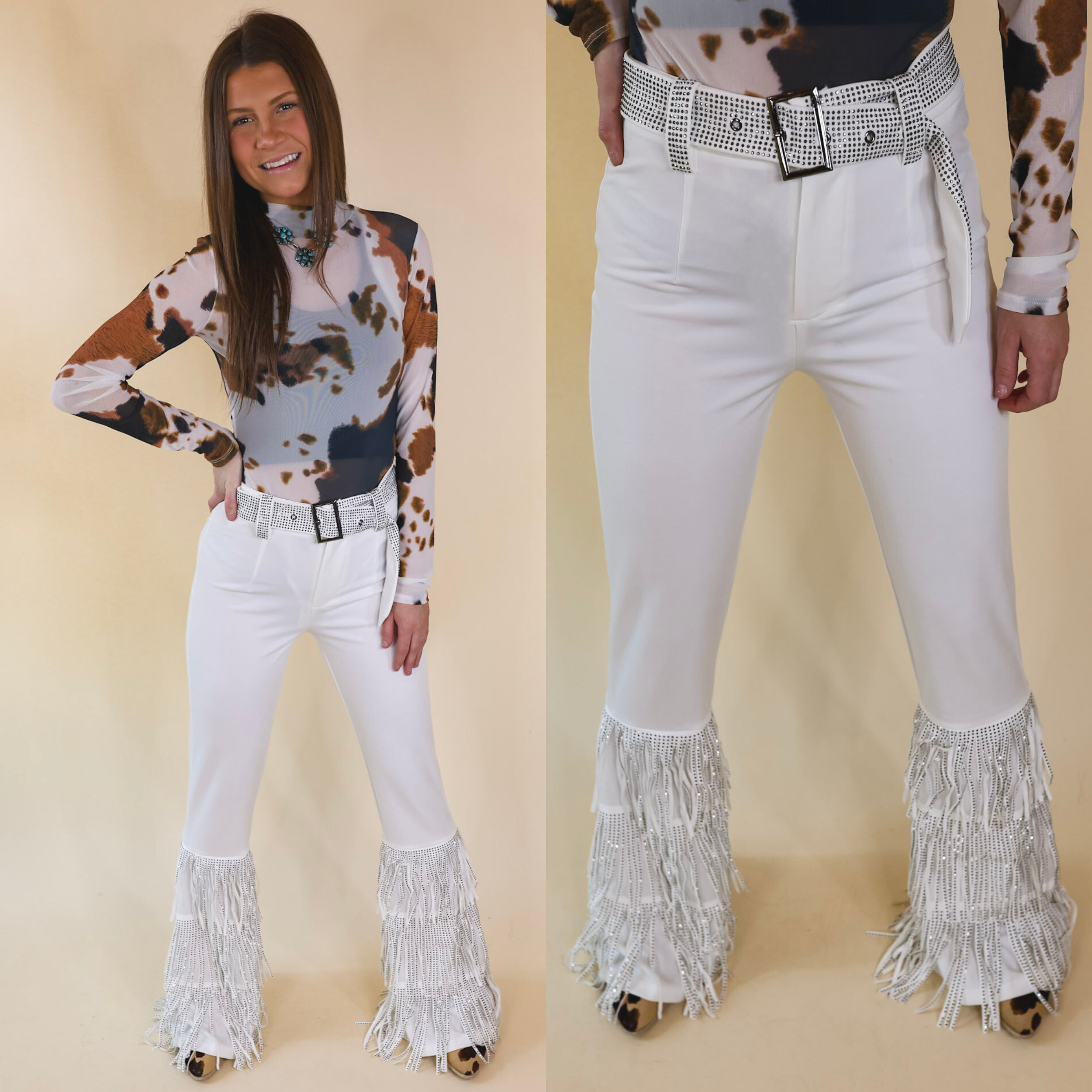 Cowboy Killer Crystal Fringe Bell Bottom Pants in White - Giddy Up Glamour Boutique
