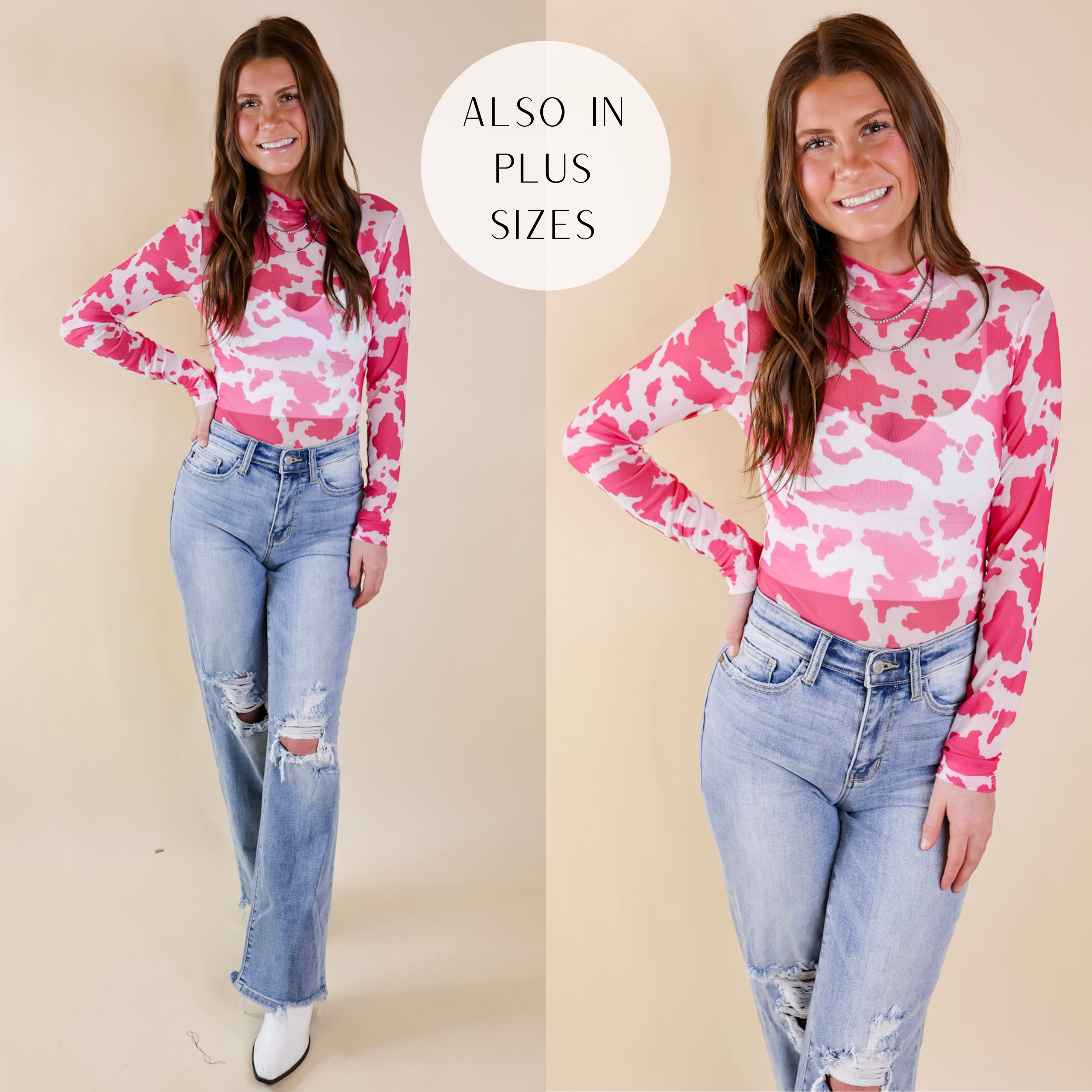 Model is wearing a pink cow print bodysuit with long sleeves. Model has it paired with distressed jeans, and white boots.