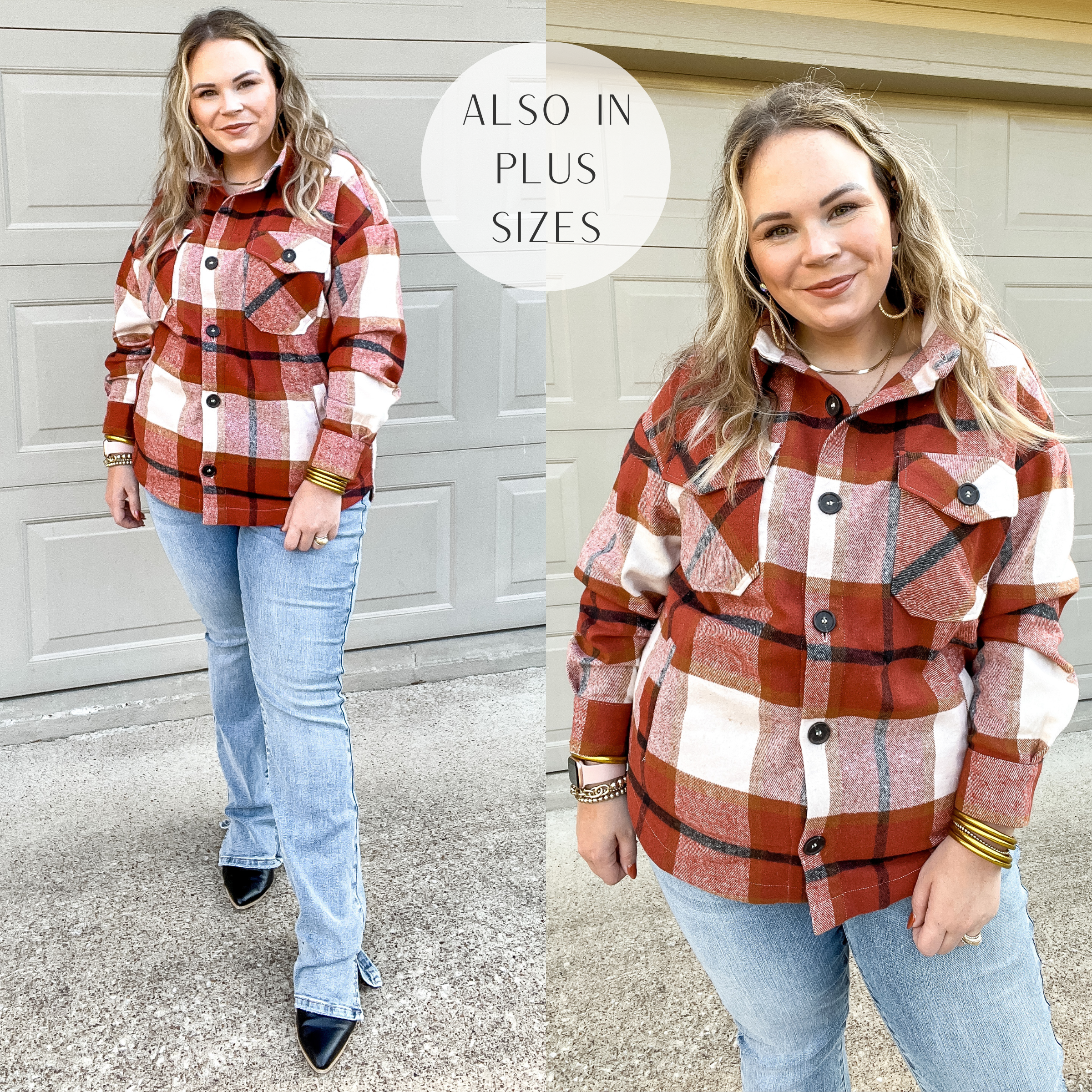 Model is wearing a button up plaid top that is rust orange with long sleeves. Model has it paired with black mules, light wash bootcut jeans, and gold jewelry.