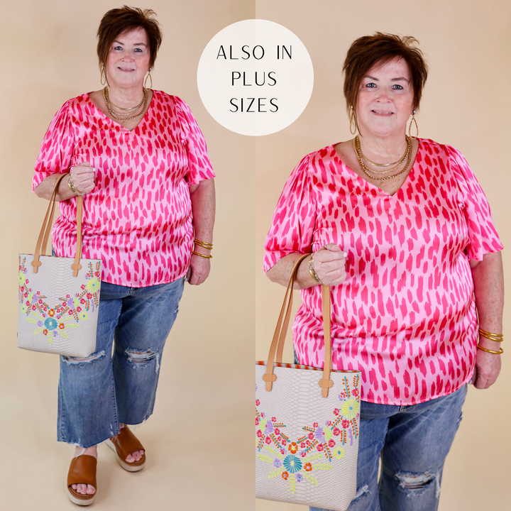 Giving You More Satin Dotted Print V Neck Blouse in Pink Mix - Giddy Up Glamour Boutique