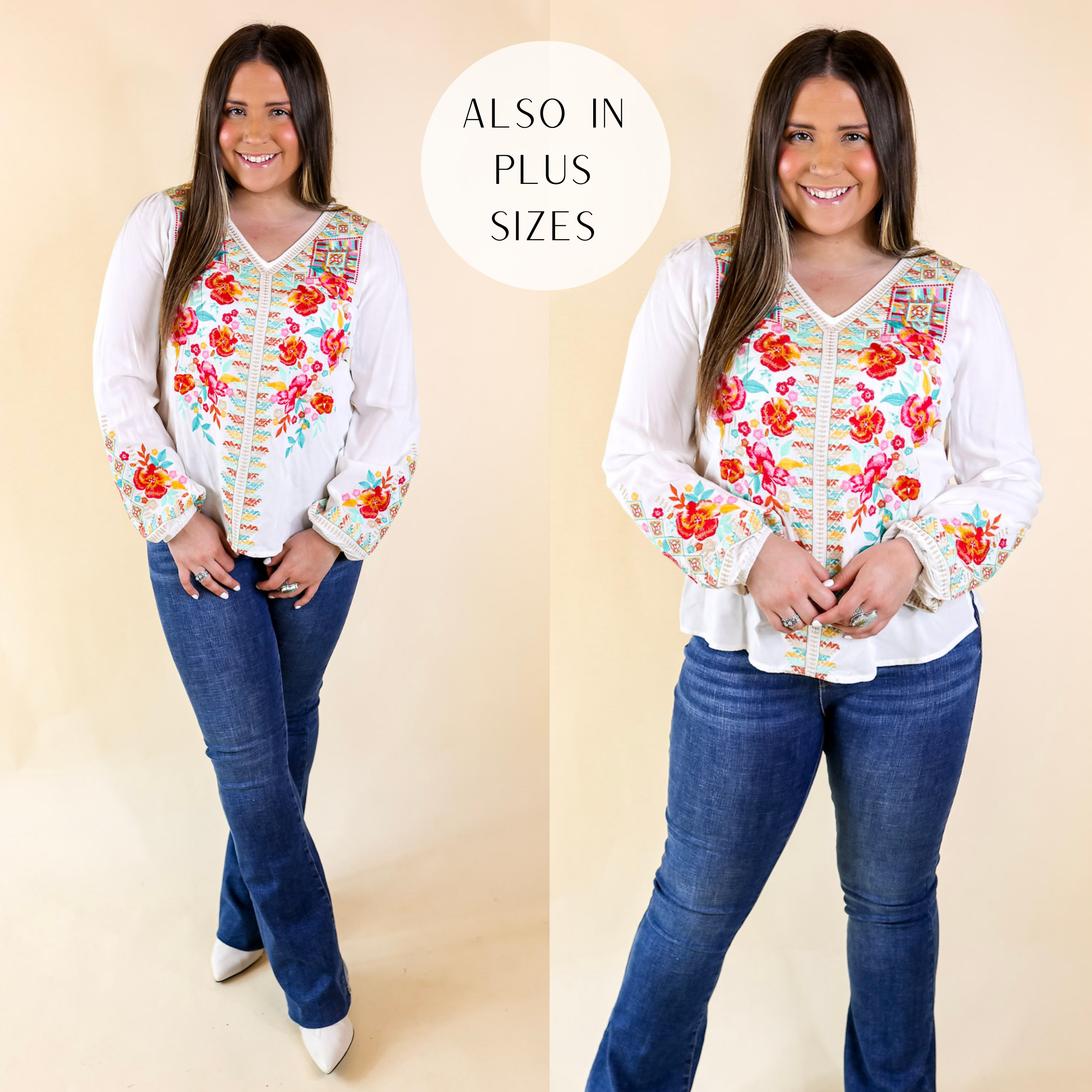 Brunch With Me Long Sleeve Embroidered Top with V Neckline in White - Giddy Up Glamour Boutique