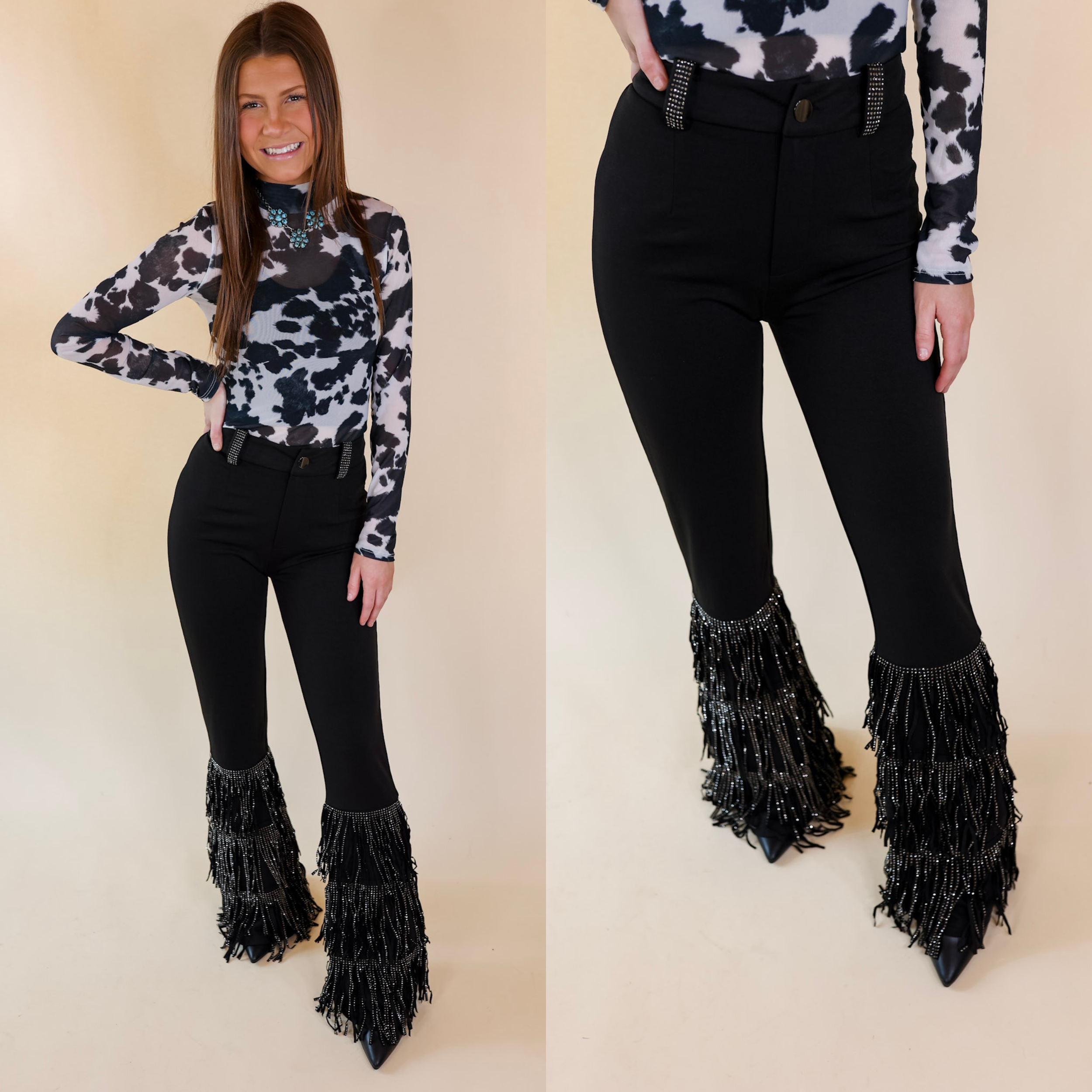 Cowboy Killer Crystal Fringe Bell Bottom Pants in Black - Giddy Up Glamour Boutique