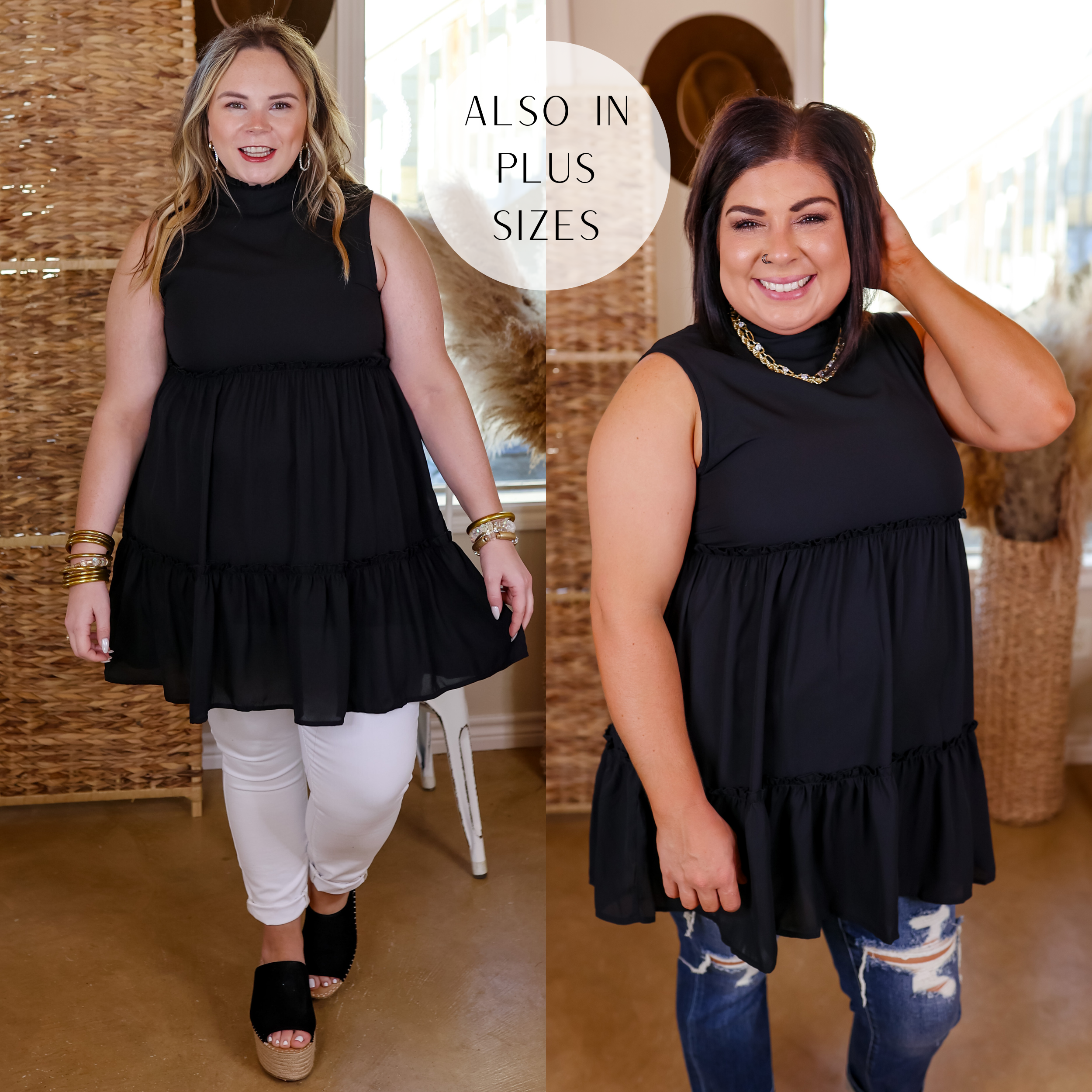 Model is wearing a high neck tank tunic top in black. Model has this paired with white skinny jeans, black espadrille wedges and gold jewelry. 
