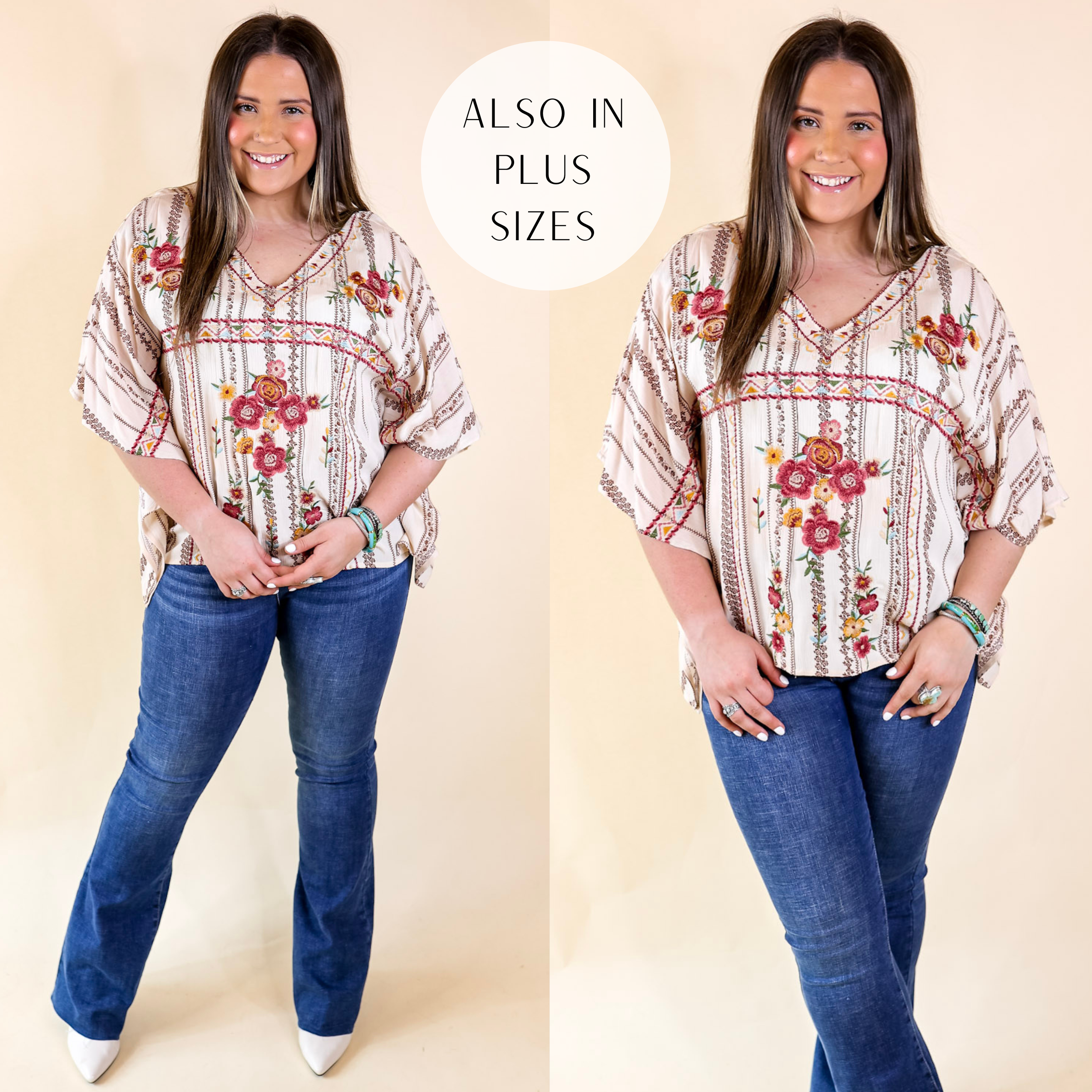 On A High Note Embroidered Poncho Top with V Neck in Ivory
