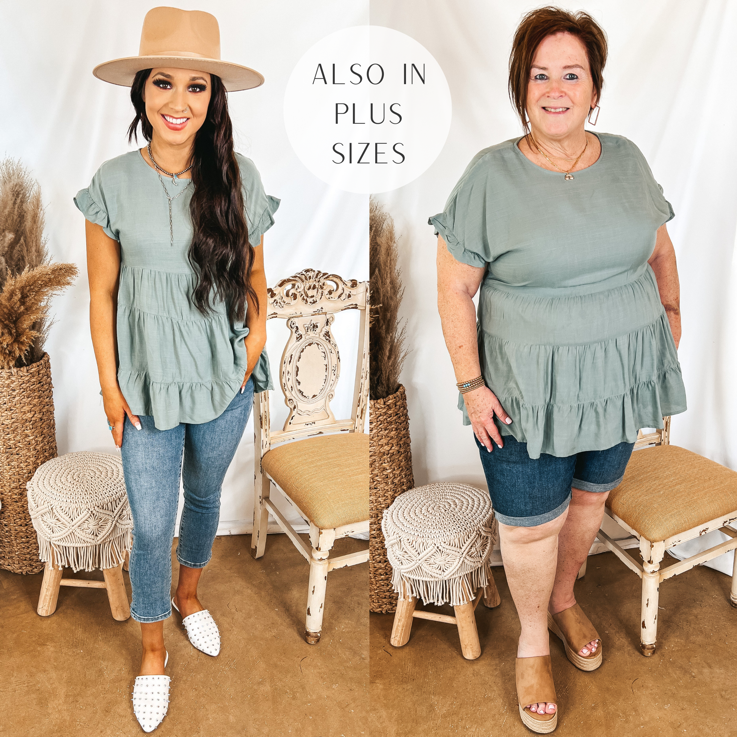 Models are wearing a sage green ruffle top. Size small model has it paired with light wash capri jeans, white mules, and a tan hat. Plus size model has it paired with cuffed bermuda shorts, tan wedges, and gold jewelry.