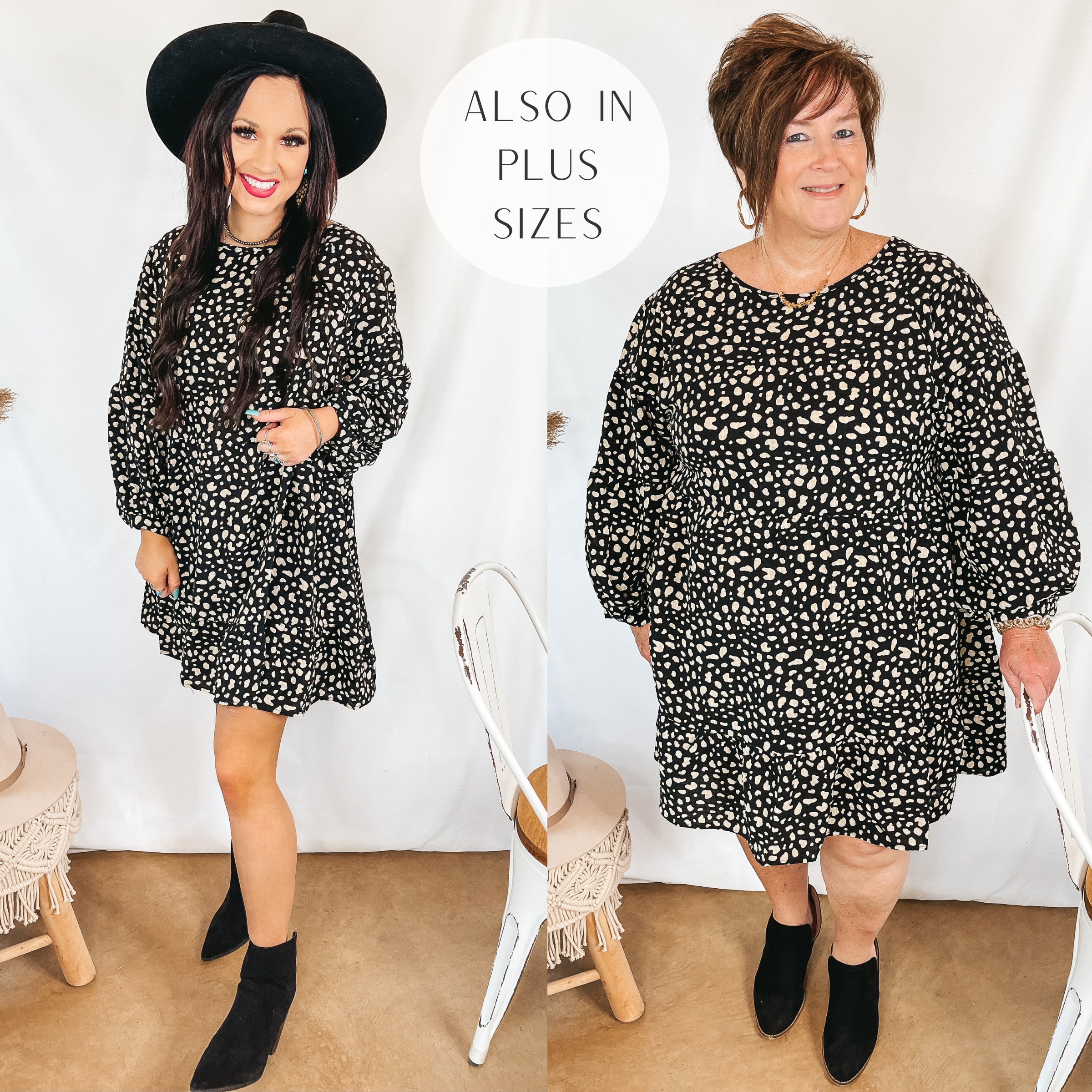 Models are wearing a black long sleeve dress that has a white spotted print. Size small model is wearing black booties and a black hat. Plus size model is wearing black booties and gold jewelry.