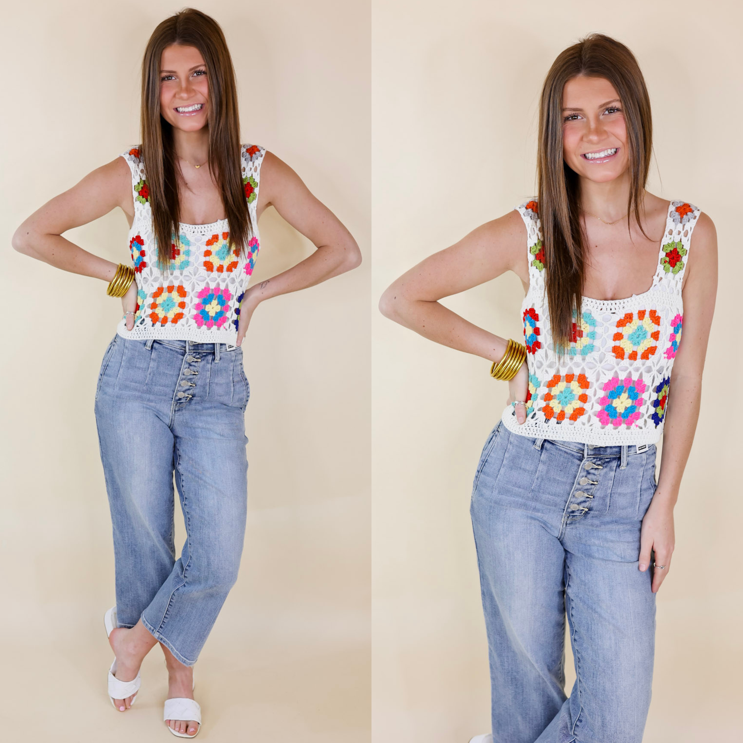 Model is wearing a cropped tank top that is made of crochet flowers. Model has this tank top paired with cropped jeans, white heels, and gold jewelry.