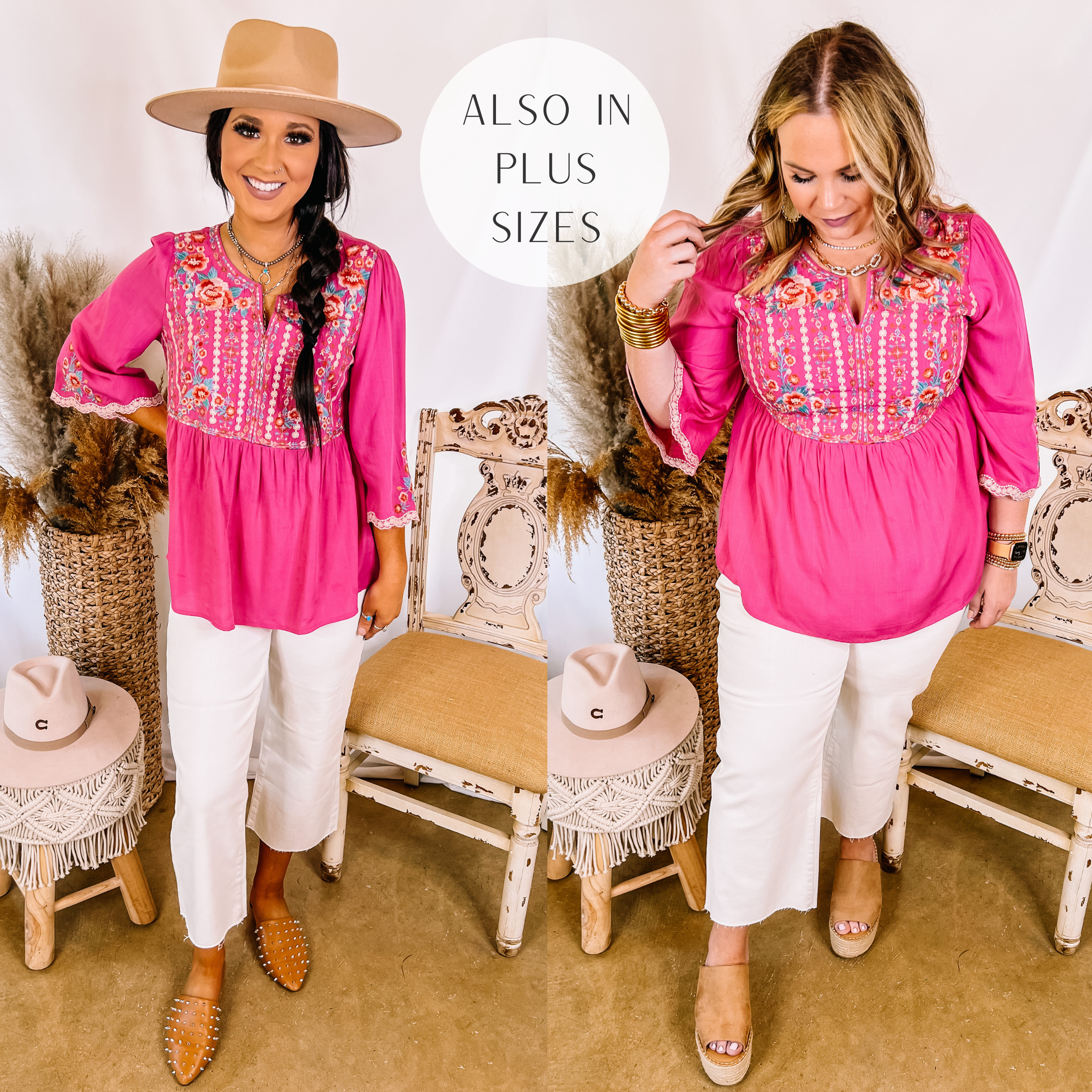 Models are wearing a 3/4 sleeve pink embroidered top. Both models have it paired with white cropped jeans. Size small model has it paired with a tan hat and tan mules. SIze large model has it paired with tan wedges and gold jewelry.