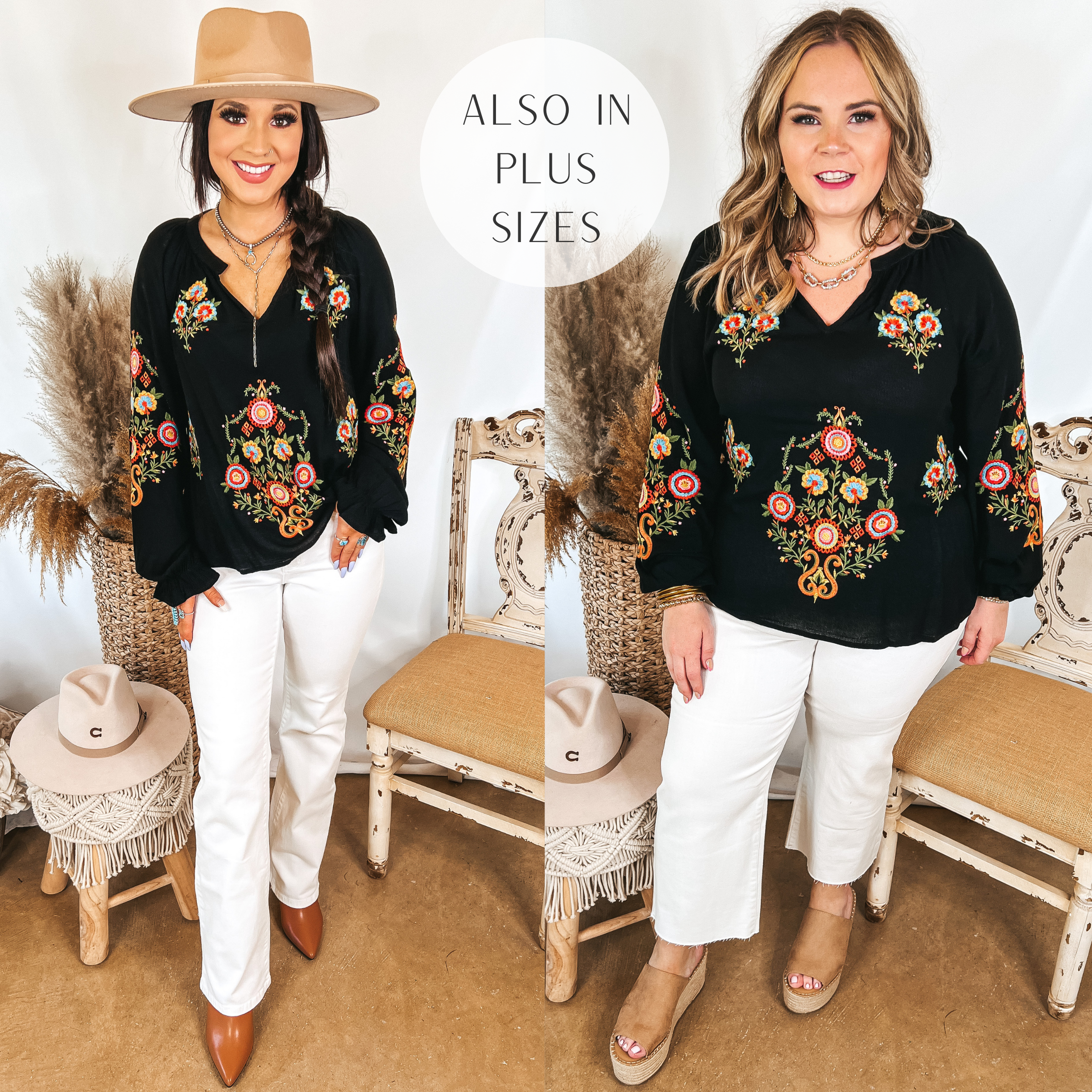 Models are wearing a long sleeve top with floral embroidery and a notched v neckline. Size small model has it paired with bootcut jeans, tan booties, and a tan hat. Size large model has it paired with white cropped jeans, tan wedges, and gold jewelry.