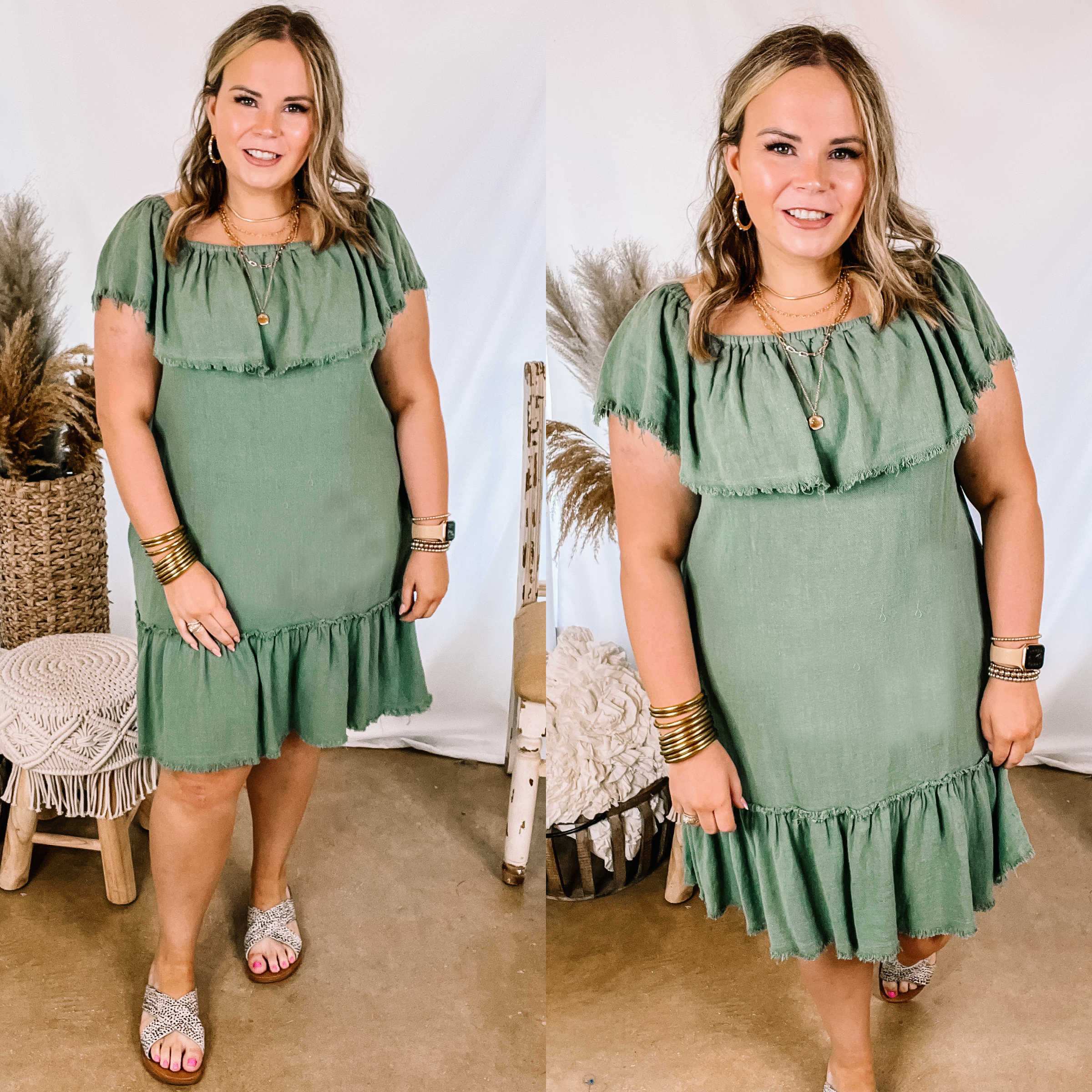 Model is wearing an olive green dress that is off the shoulder and has a frayed hemline. Model has it paired with dotted sandals and gold jewlery.