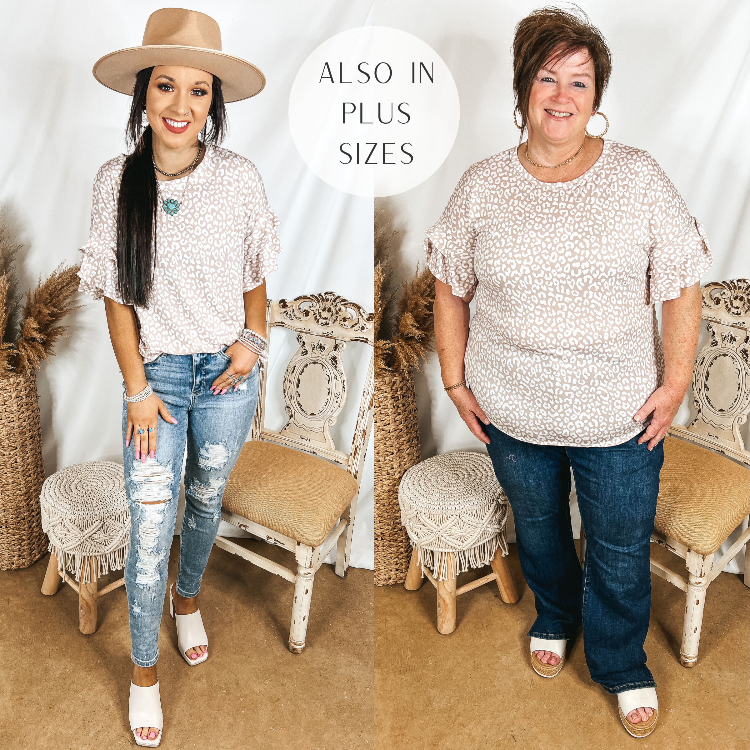 Models are wearing a beige leopard print top with ruffle short sleeves. Size small model has it paired with a tan hat, light wash skinny jeans, and white heels. Plus suze model has it paired with dark wash bootcut jeans, white sandals, and gold jewelry.