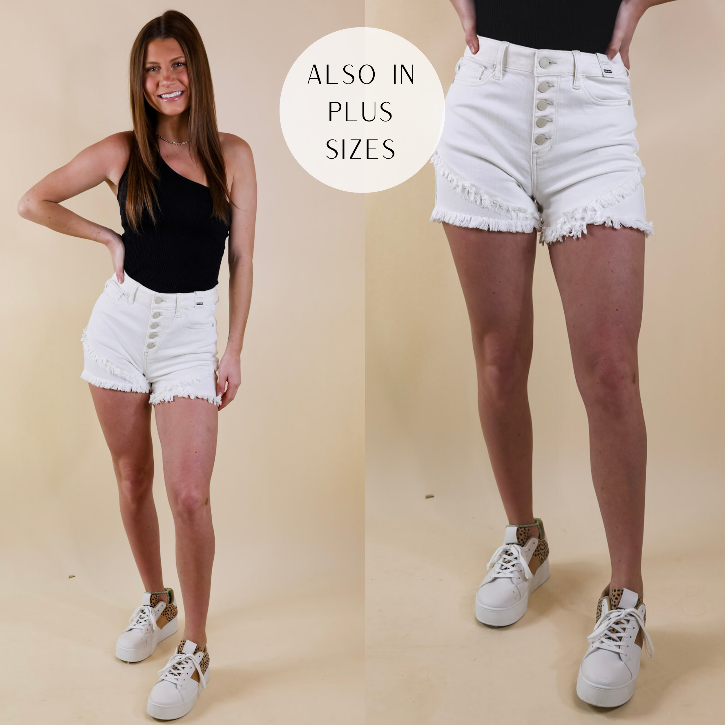 Model is wearing a pair of white shorts with a  raw hem and button fly. Model has it paired with a black tank top and white sneakers.