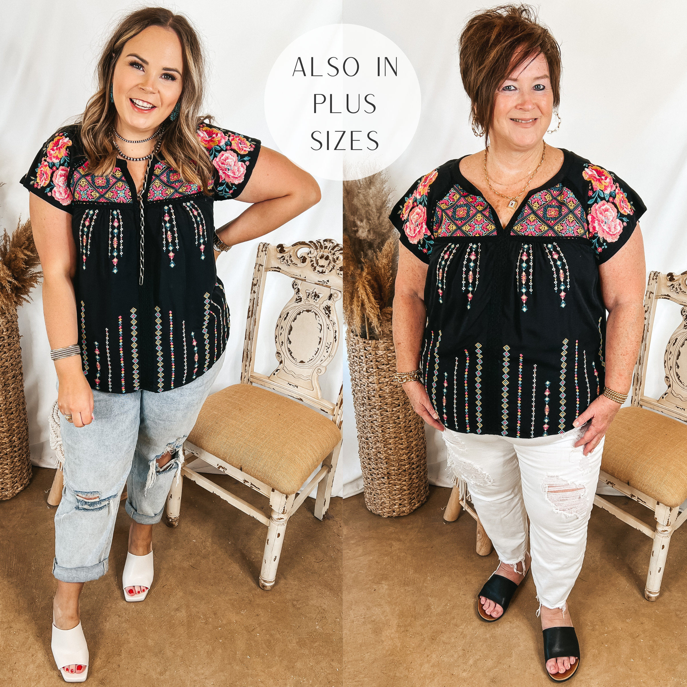 Models are wearing a black top with a notched v neck, short sleeves, and embroidery all over the front. Size large model has it paired with light wash boyfriend jeans, white heels, and silver jewelry. Plus size model has it paired with white distressed jeans, black sandals, and gold jewelry.