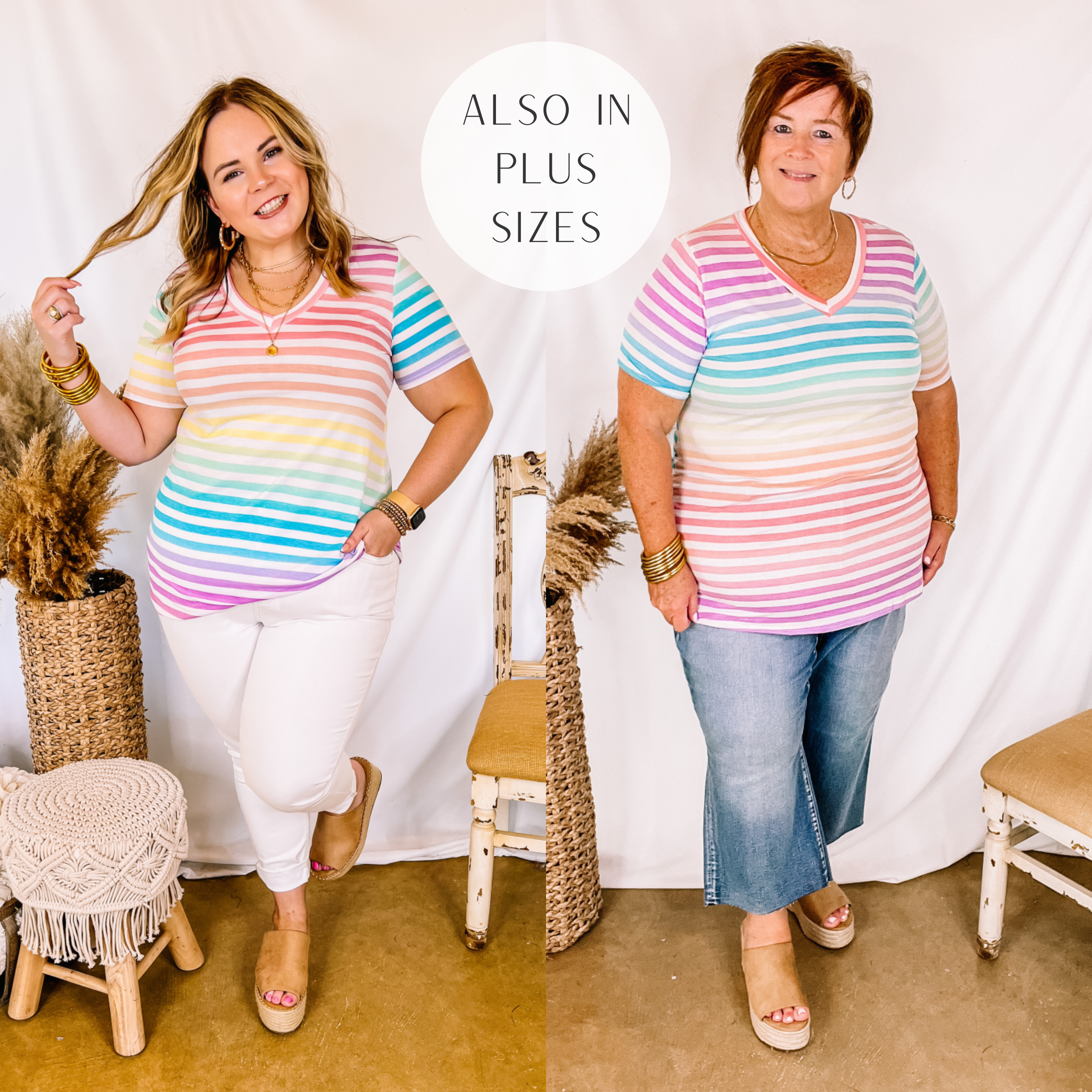 Models are wearing a colorful striped v neck top. Large Model has it paired with tan wedges, white jeans, and gold jewelry. Plus size model has it paired with cropped, wide-leg jeans, tan wedges, and gold jewelry. 
