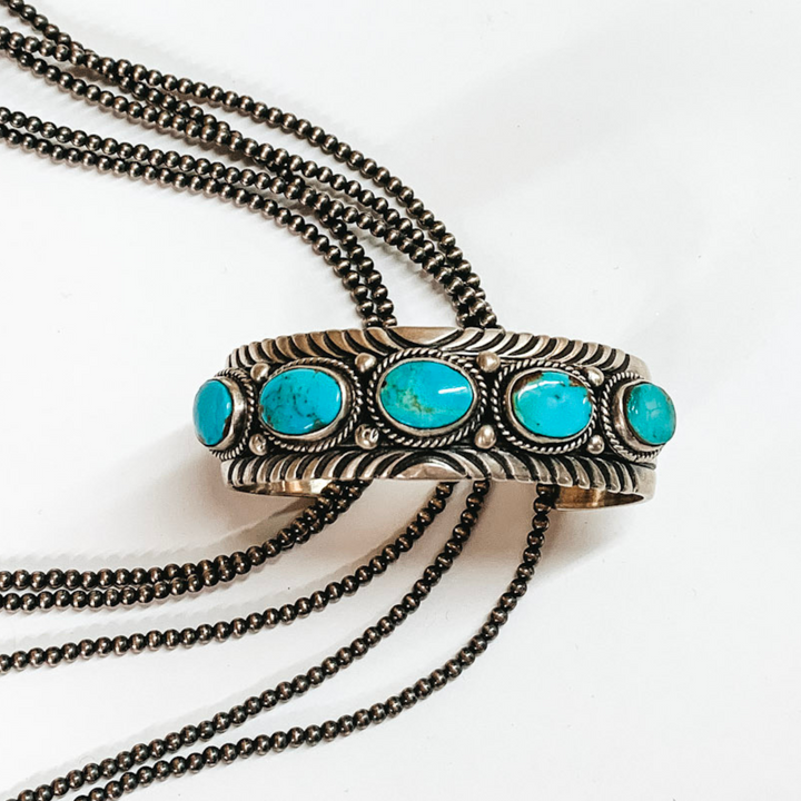 P Yazzie | Navajo Handmade Sterling Silver Cuff with 5 Turquoise Oval Stones - Giddy Up Glamour Boutique