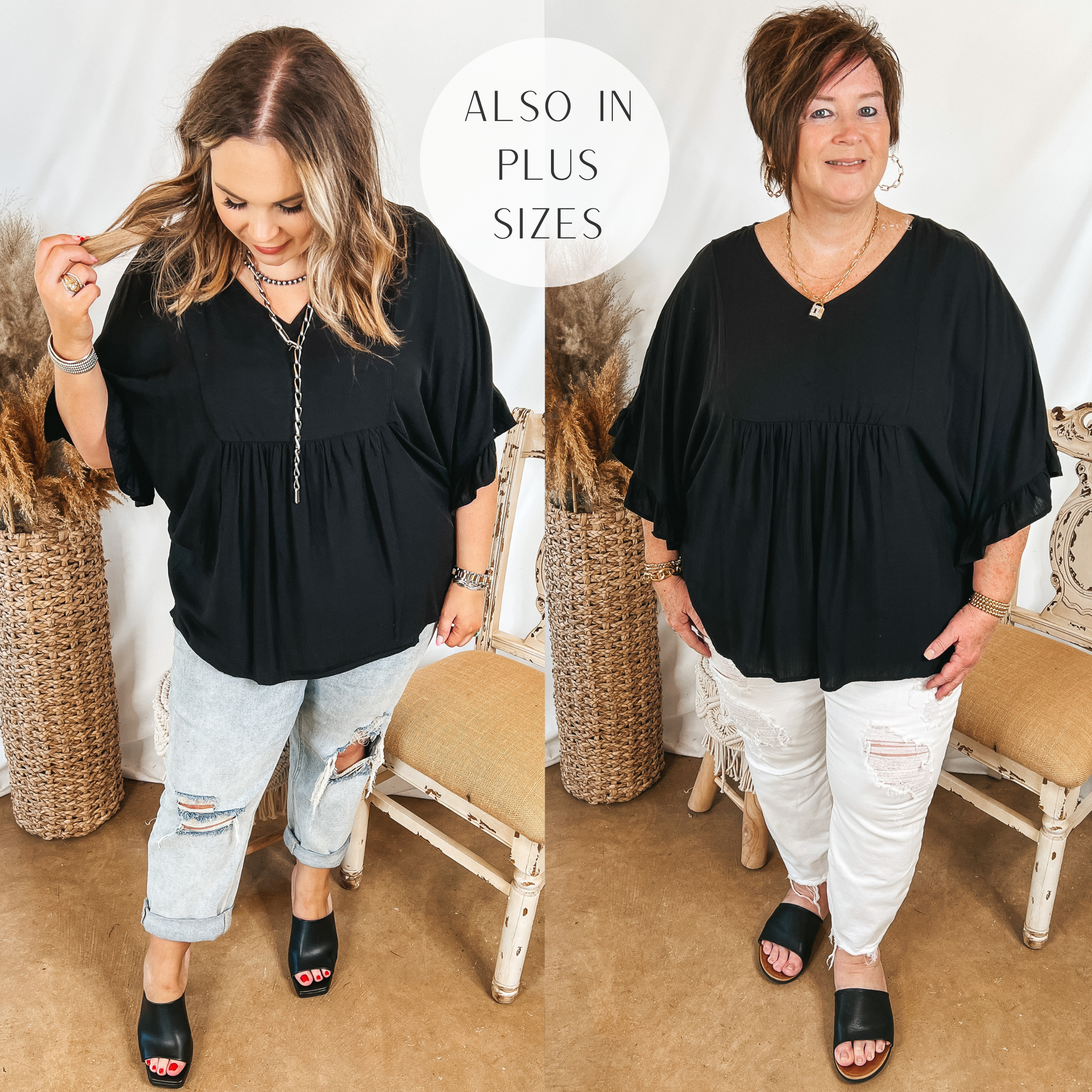 Models are wearing a black v neck top that has ruffle half sleeves. Size large model has it paired with light wash jeans, black heels, and silver jewelry. Plus size model has it paired with white jeans, black sandals, and gold jewelry.