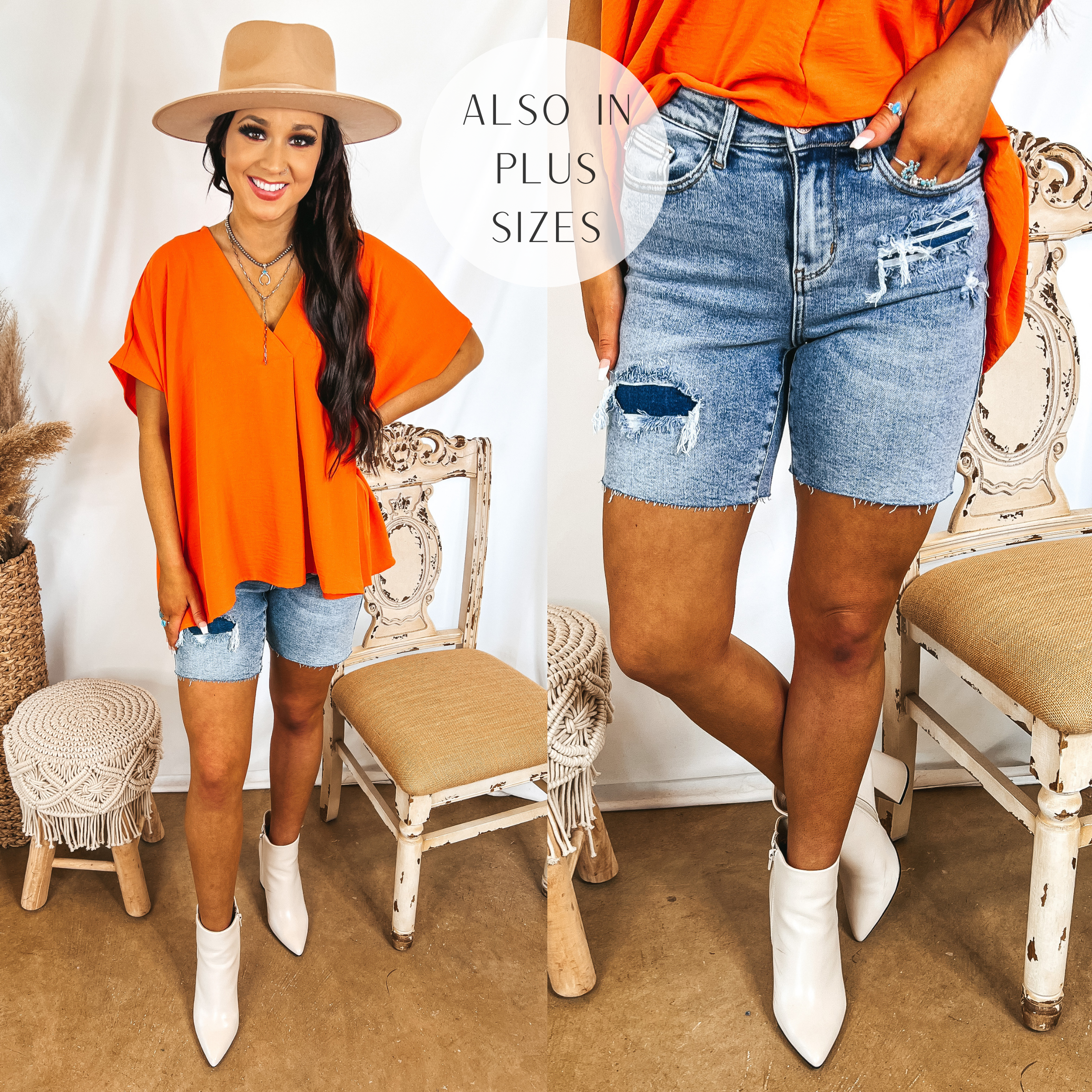Judy Blue | Weekend With You Distressed Patch Mid Thigh Shorts in Light Wash - Giddy Up Glamour Boutique