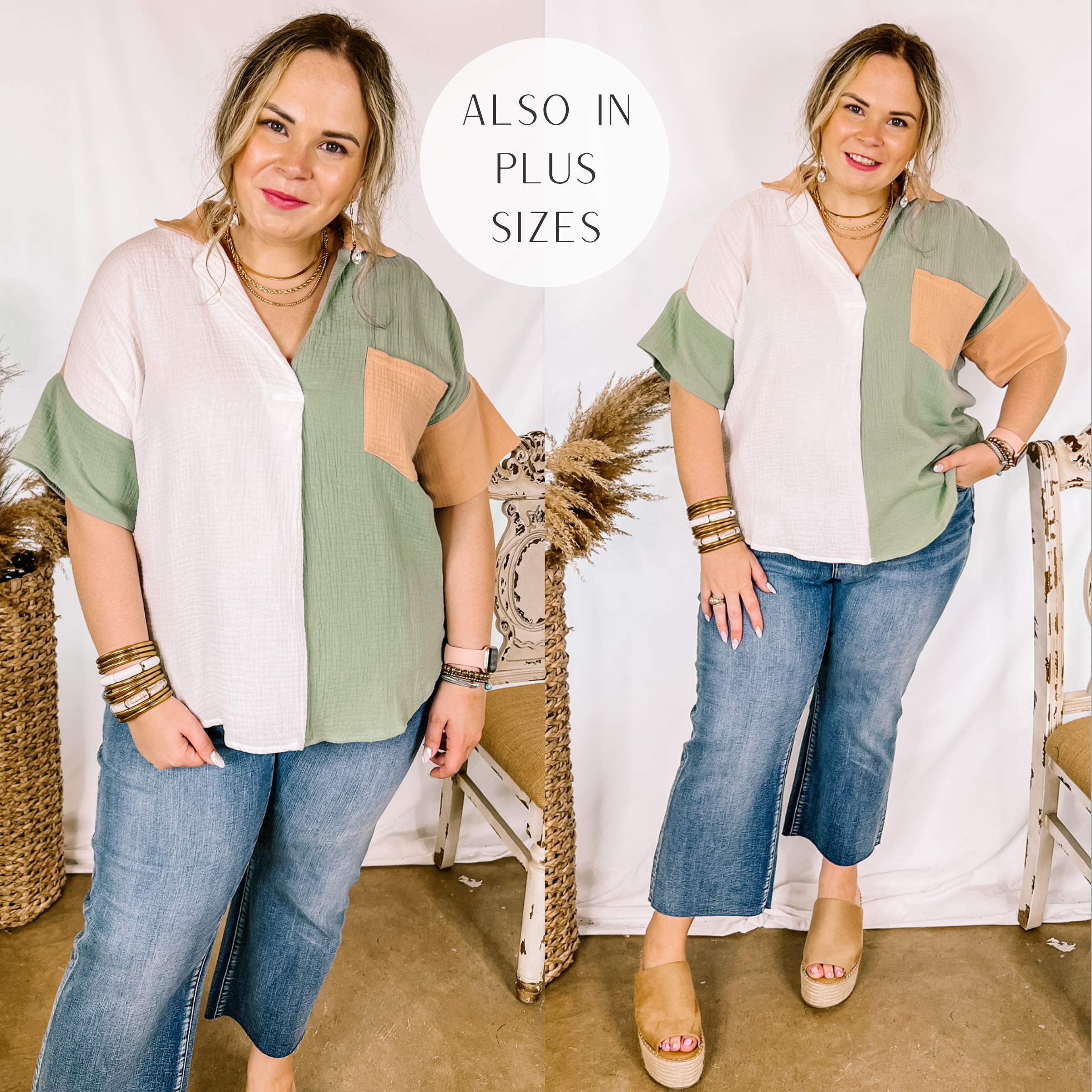 Model is wearing a collared top with a color block mix of sage green, ivory, and clay orange. Model has this top paired with cropped wide leg jeans, tan wedges, and gold jewelry.