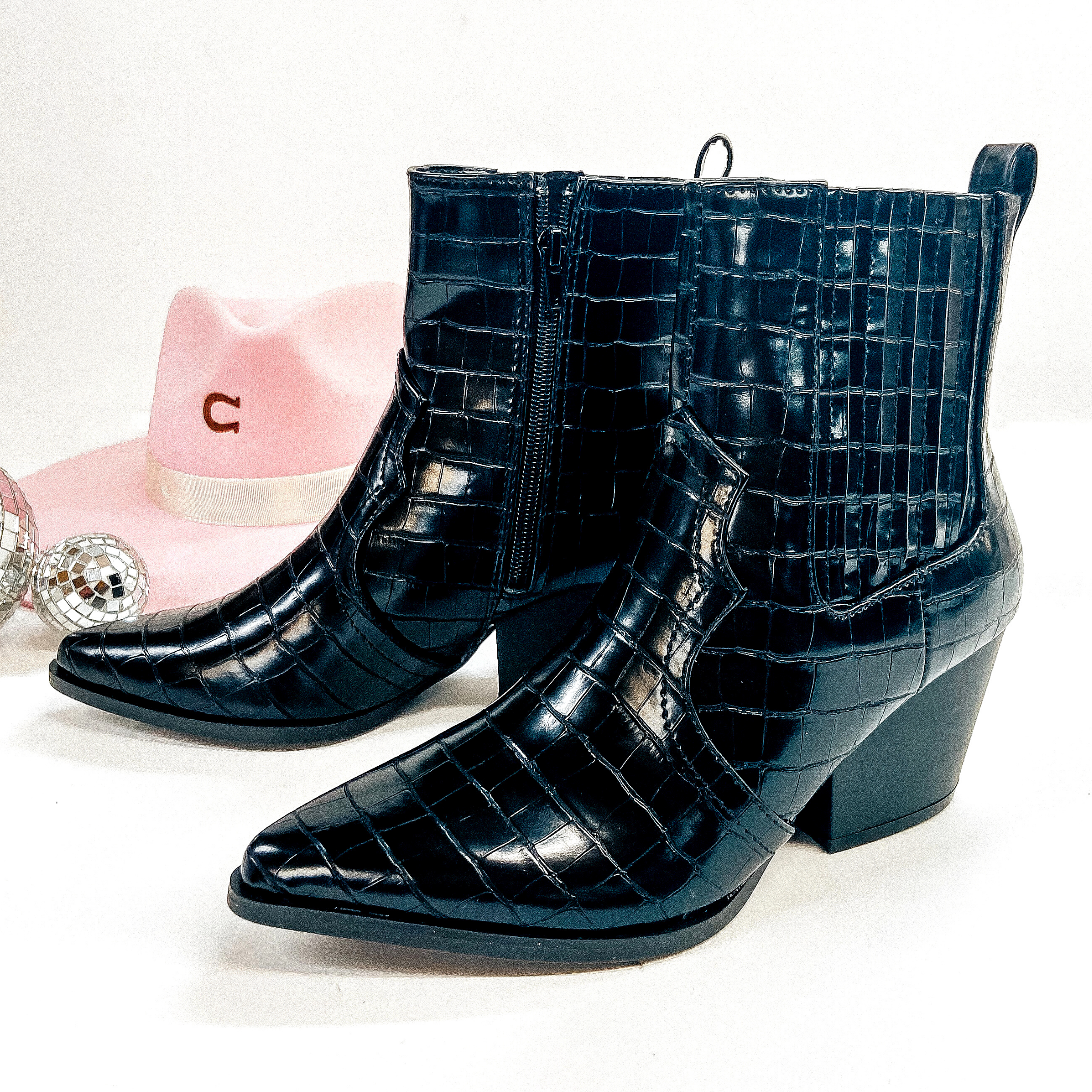 Strutin' Through Sedona Croc Print Western Heeled Booties in Black - Giddy Up Glamour Boutique
