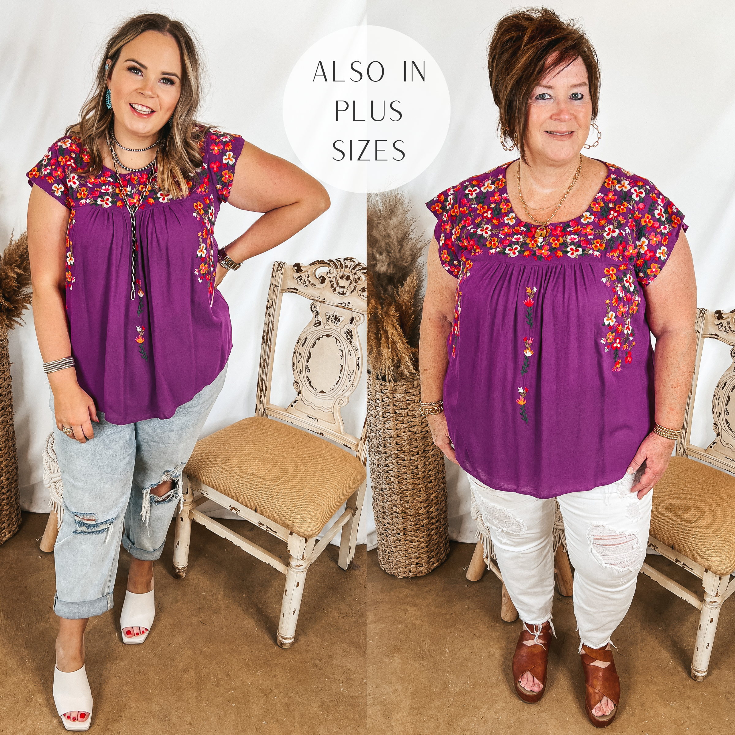 Models are wearing a magenta purple top that has floral embroidery on the top. Size large model has it paired with light wash boyfriend jeans, white heels, and silver jewelry. Plus size model has it paired with white distressed jeans, brown sandals, and gold jewelry.