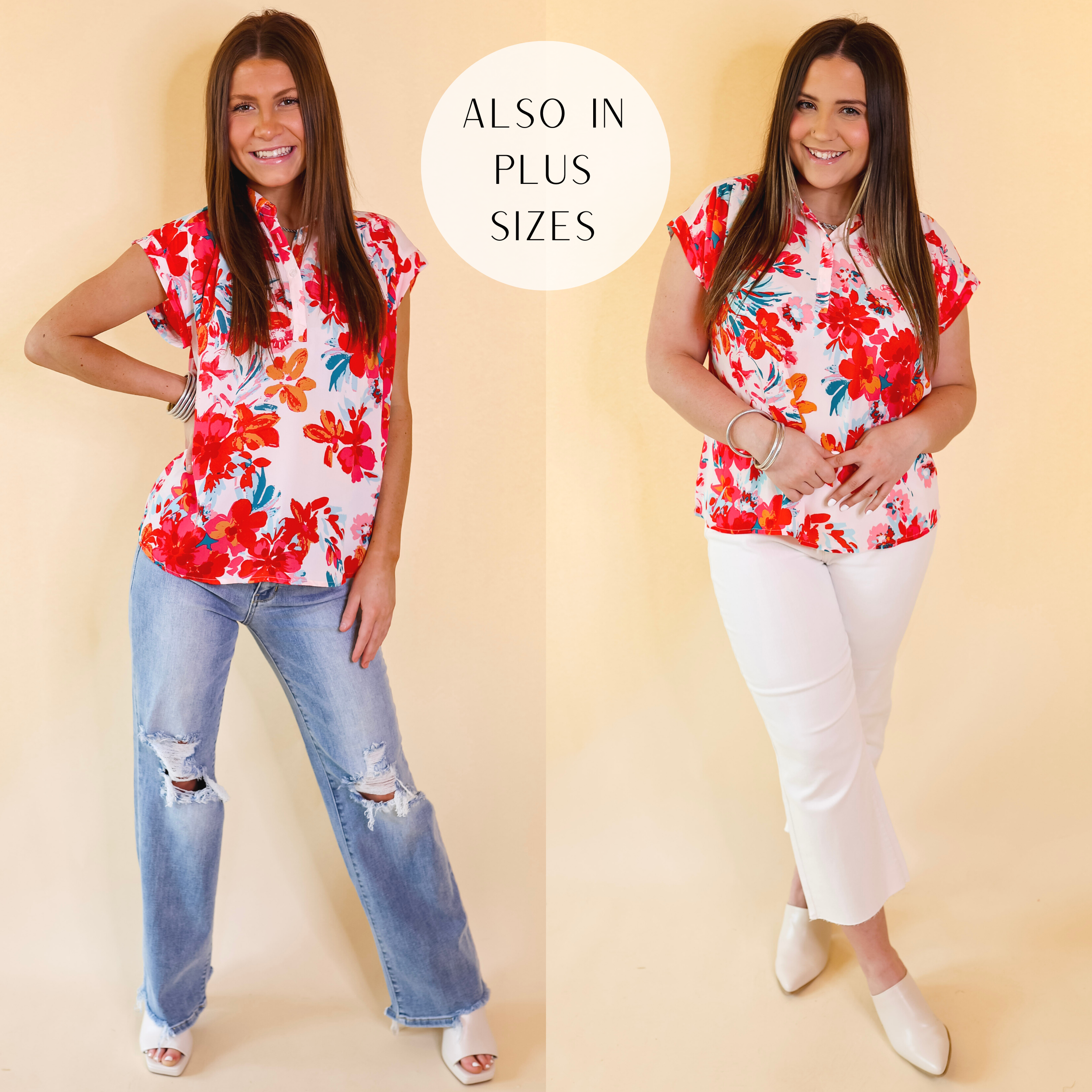 Models are wearing a short sleeve top with a half button up front and collared neckline. This top is ivory with a mix of red, pink, and orange flowers all over. Size small model has it paired with distressed jeans, ivory heels, and silver jewelry. Size large model has it paired with ivory mules, silver jewelry, and white jeans.