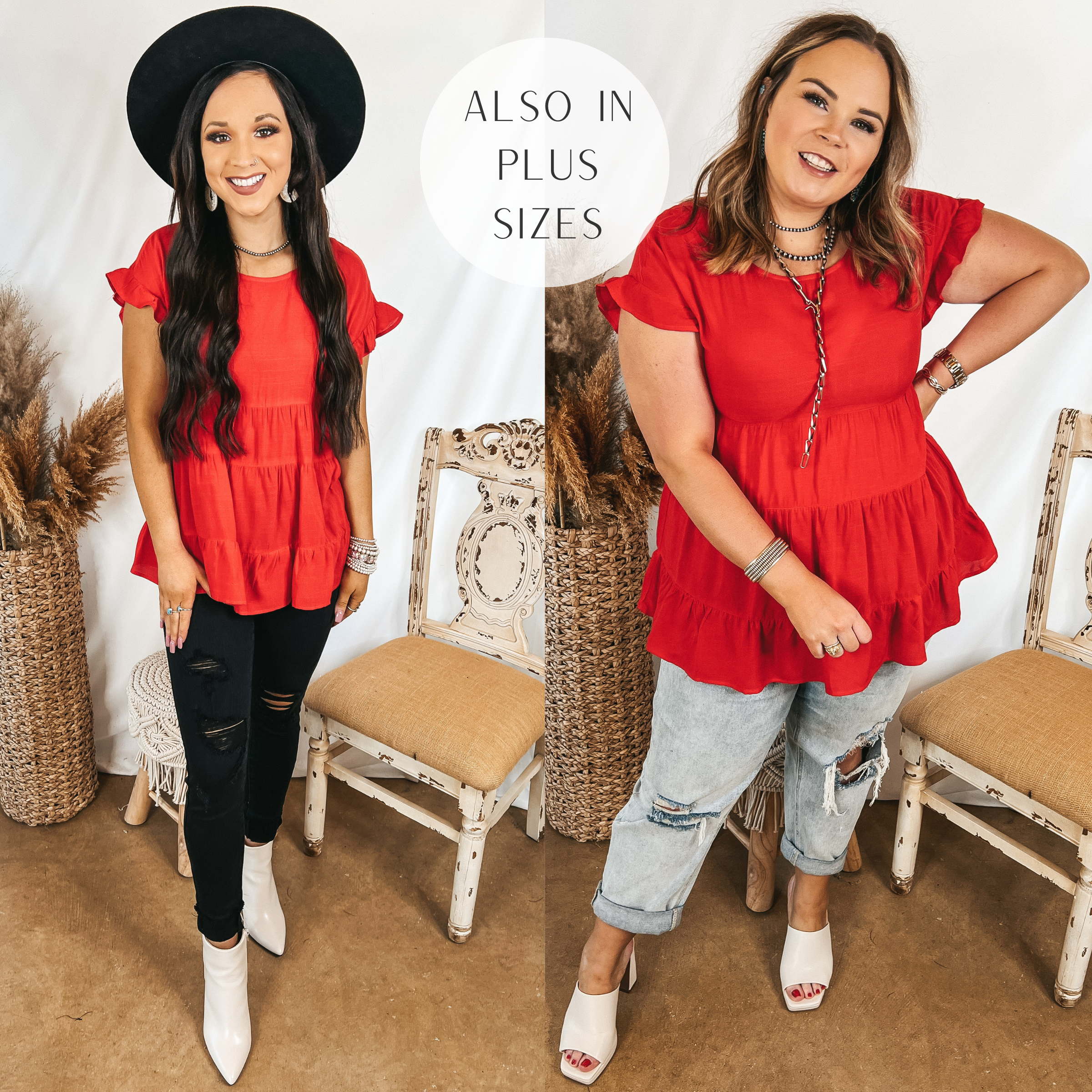 Models are wearing a ruffle tiered cap sleeve top that is red. Size small model has it paired with black jeans, white booties, and a black hat. Size large model has it paired with light wash jeans, white heels, and silver jewelry.
