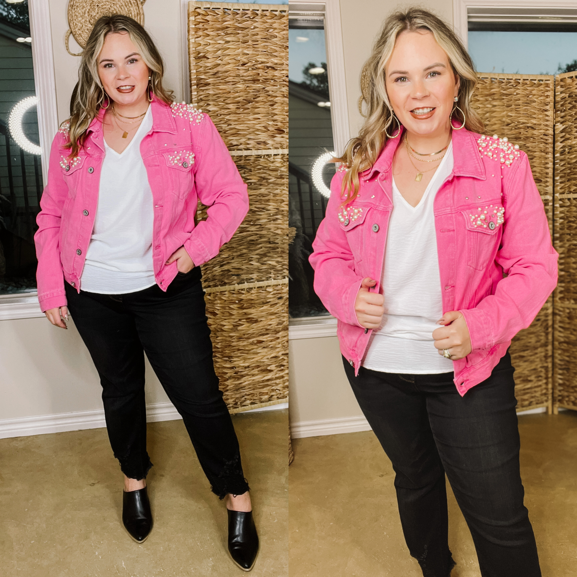Model is wearing a pink denim jacket with various sizes of pearls alongside the shoulder and pockets. Model has a white undershirt, black skinny jeans, black mules, and gold jewelry.  Bakckground is hues of brown and white. 