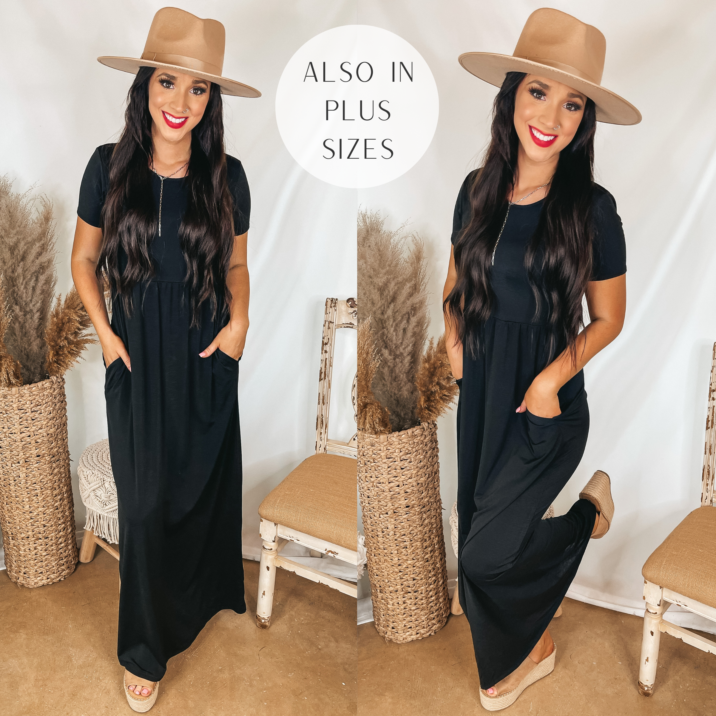 Model is wearing a black babydoll maxi dress that has short sleeves. Model has it paired with tan wedges, silver jewelry, and a tan hat.