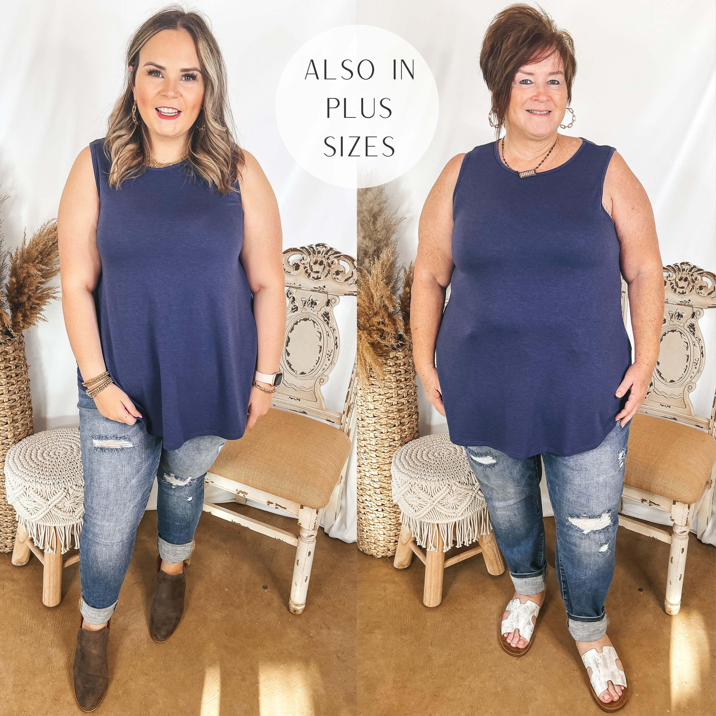 Models are wearing a dusty navy blue tank top. Both models have it paired with medium wash distressed jeans. Size large model has it paired with brown booties and gold jewelry. Plus size model has it paired with white sandals and Pink Panache jewelry.