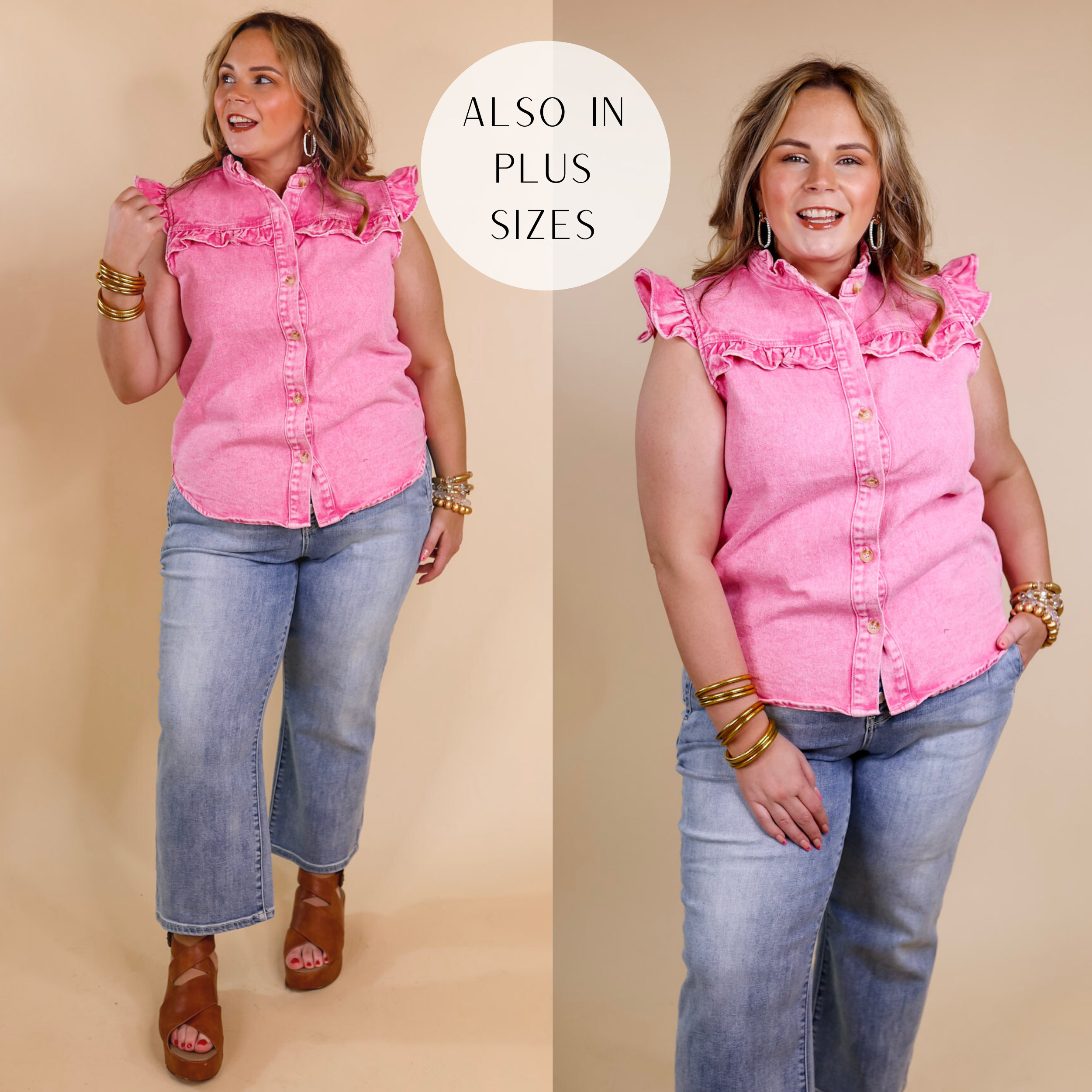 Model is wearing a button up pink denim top with ruffle cap sleeves and ruffle across the bust. Model has it paired light wash cropped jeans, tan wedges, and gold jewelry.