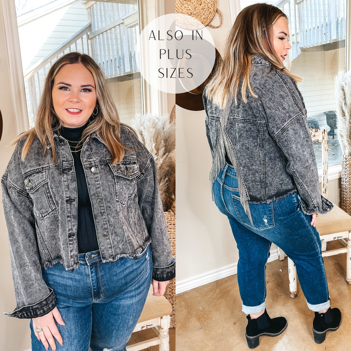 Nashville Nightlife Crystal Fringe Cropped Denim Jacket in Black Wash - Giddy Up Glamour Boutique