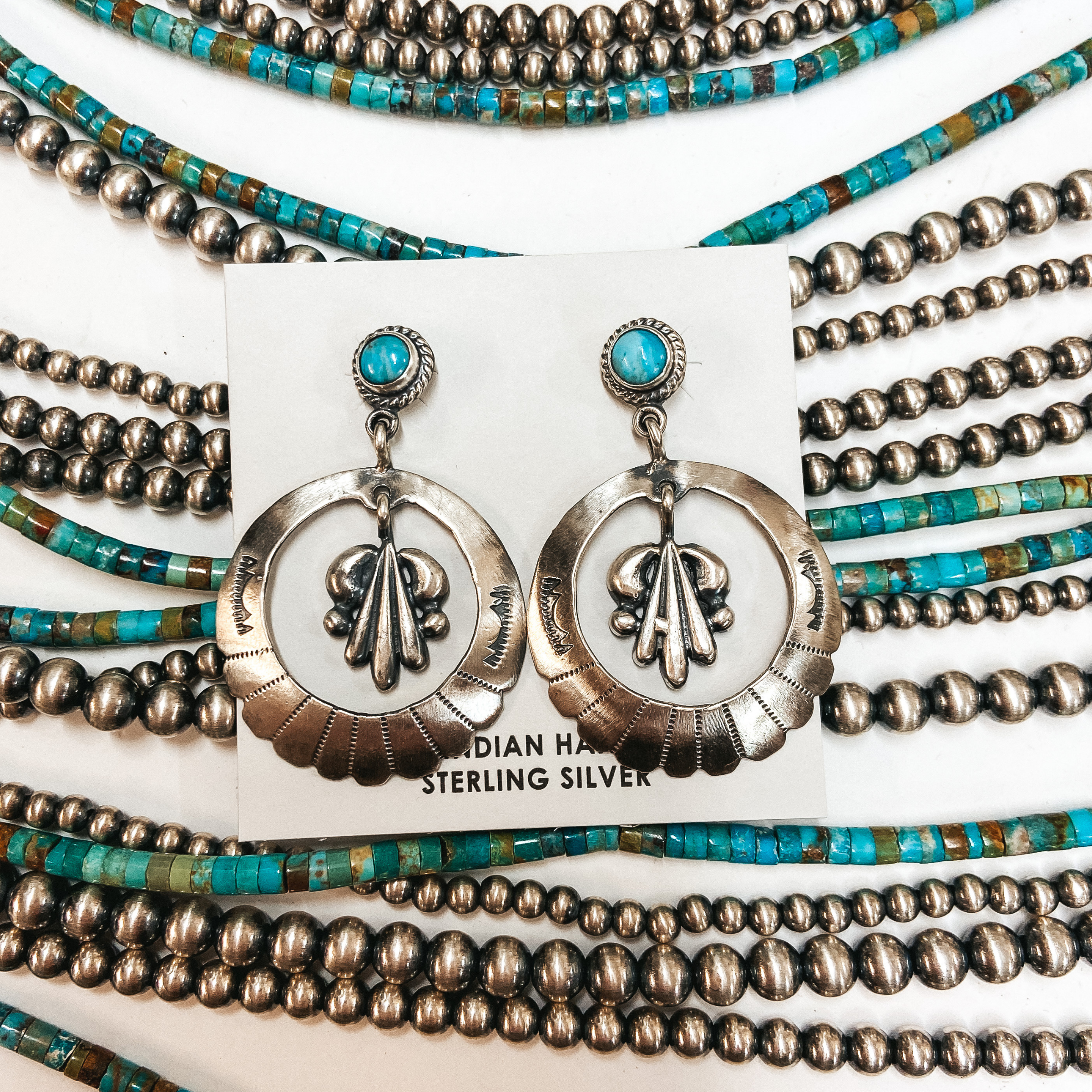 Annie Spencer | Navajo Handmade Sterling Silver Circle Dangle Earrings with Kingman Turquoise Post - Giddy Up Glamour Boutique