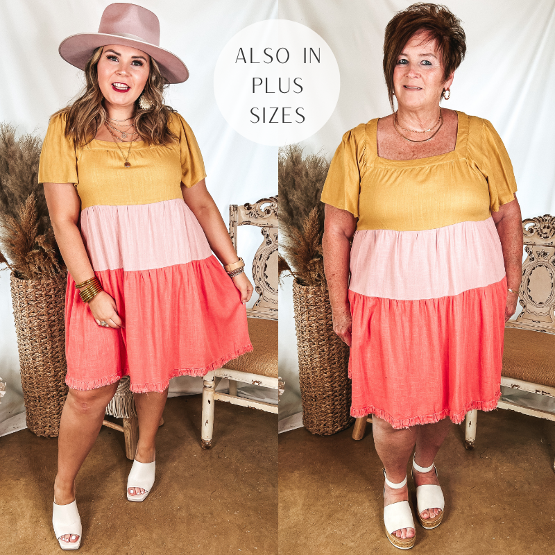 Models are wearing a color block dress that is a mix of yellow, pink, and coral. SIze large model has it paired with white heels, a pink hat, and gold jewelry. Size large model has it paired with white wedges and gold jewelry.