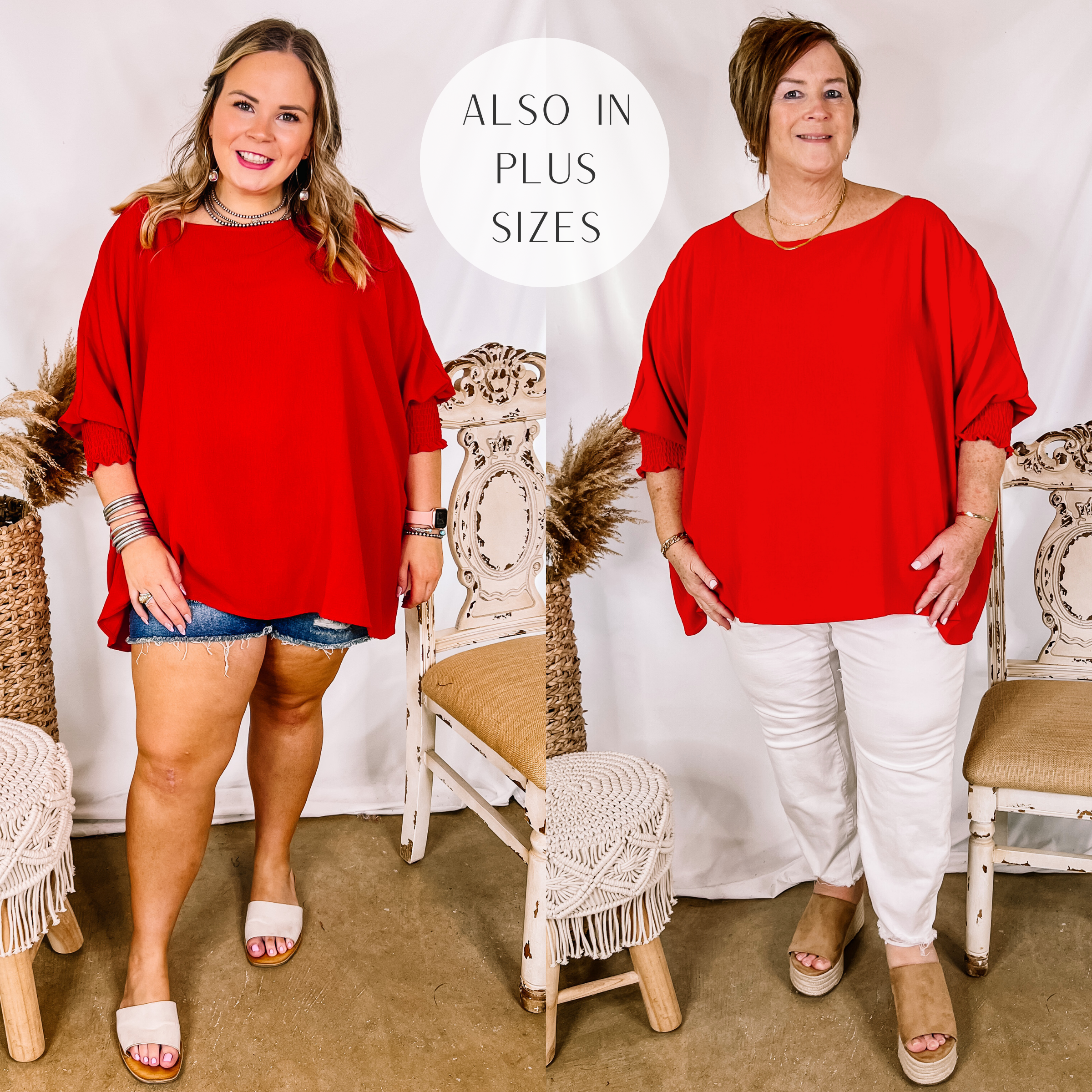 Models are wearing a red oversized top that has smocked 3/4 sleeves. Size large Model has this top paired with white sandals, distressed shorts, and sterling silver jewelry. Plus size model has it paired with white boyfriend jeans, tan wedges, and gold jewelry.