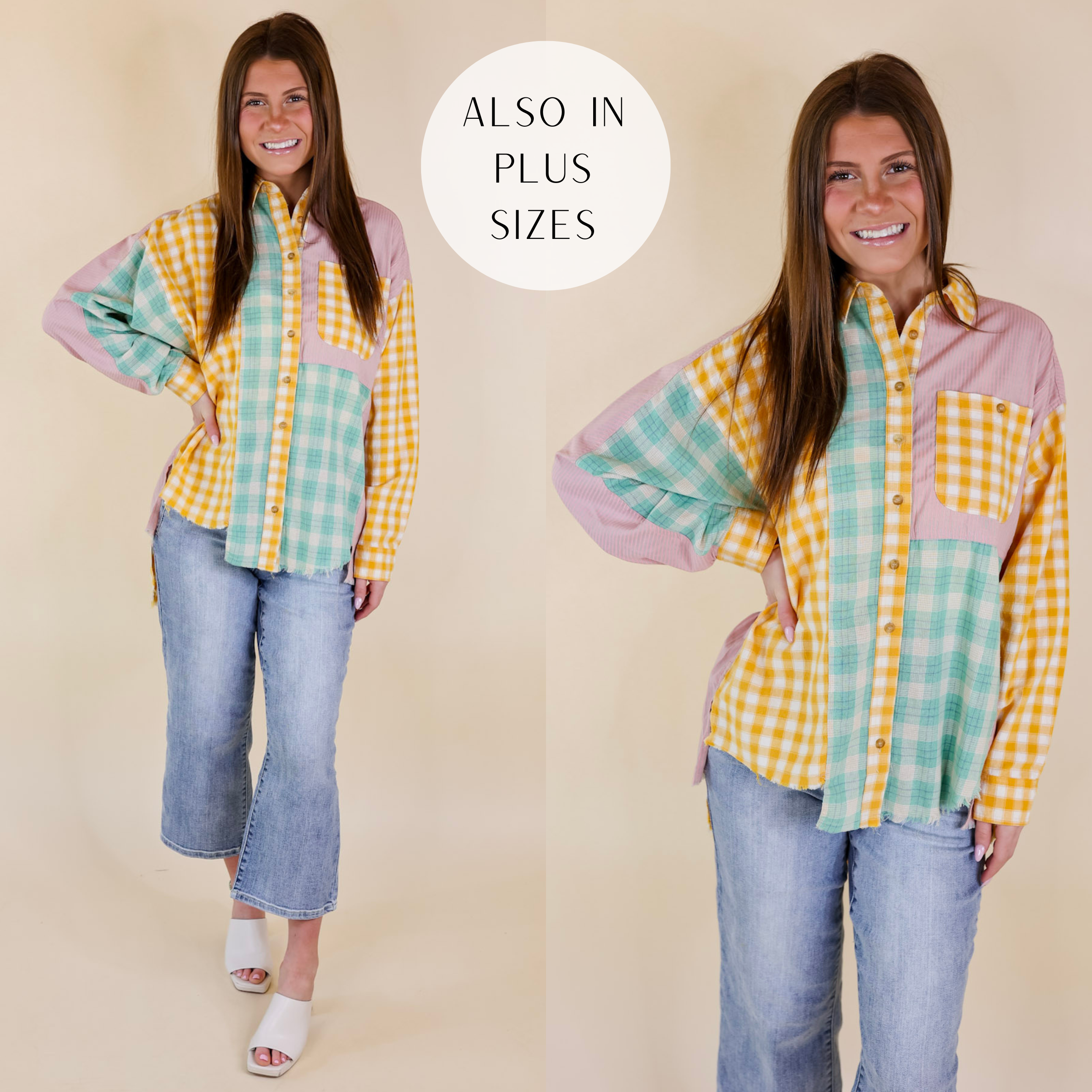 Model is wearing a button up plaid top that is a mix of green, yellow, and pink. Model has it paired with light wash jeans and ivory heels.