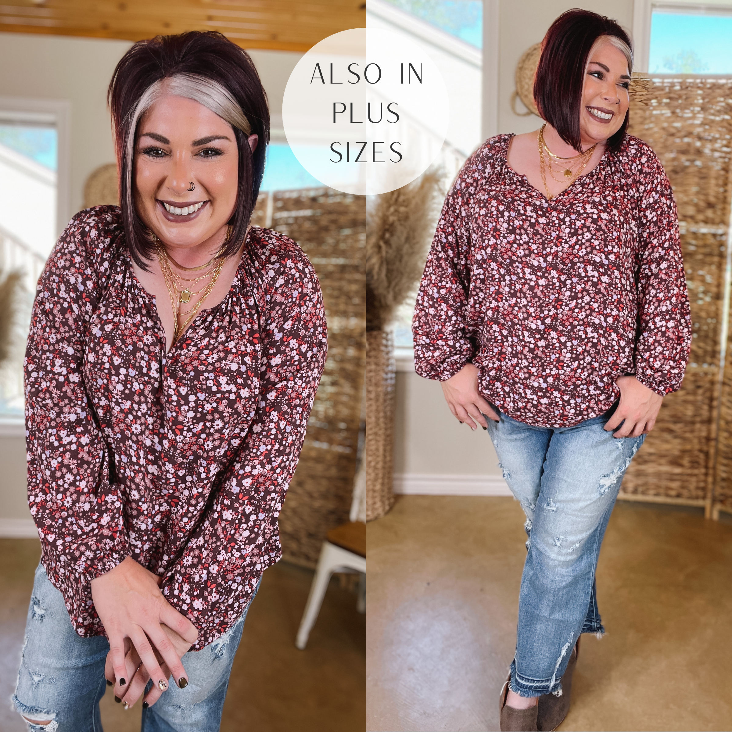 Model is wearing a maroon floral top with long sleeves and a notched neckline. Model has it paired with distressed boyfriend jeans, brown booties, and gold jewelry.