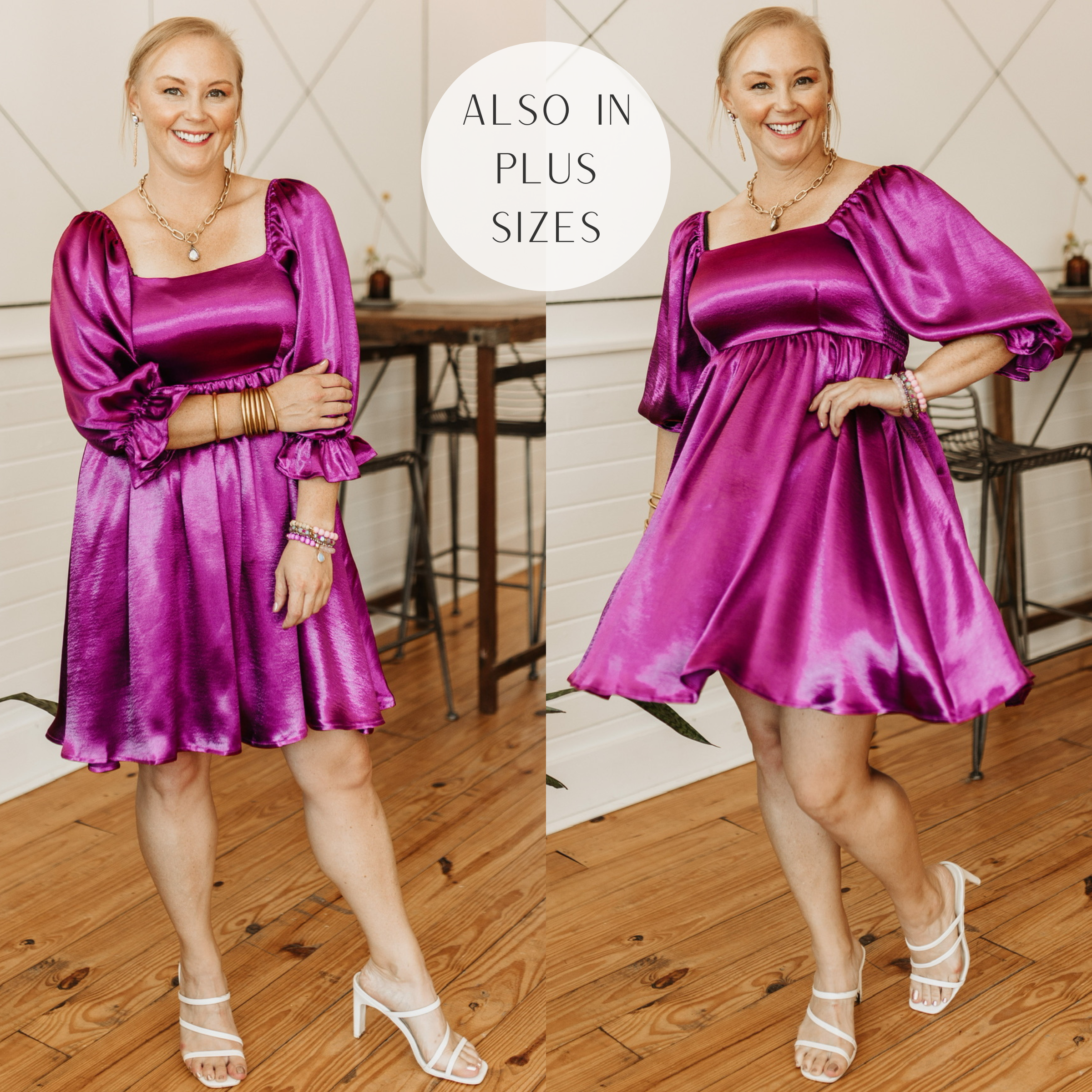 Model is wearing a magenta purple satin dress that has flowy half sleeves and a flowy skirt that is knee length. This dress has a square neckline. Model has it paired with white sandals and gold jewelry.
