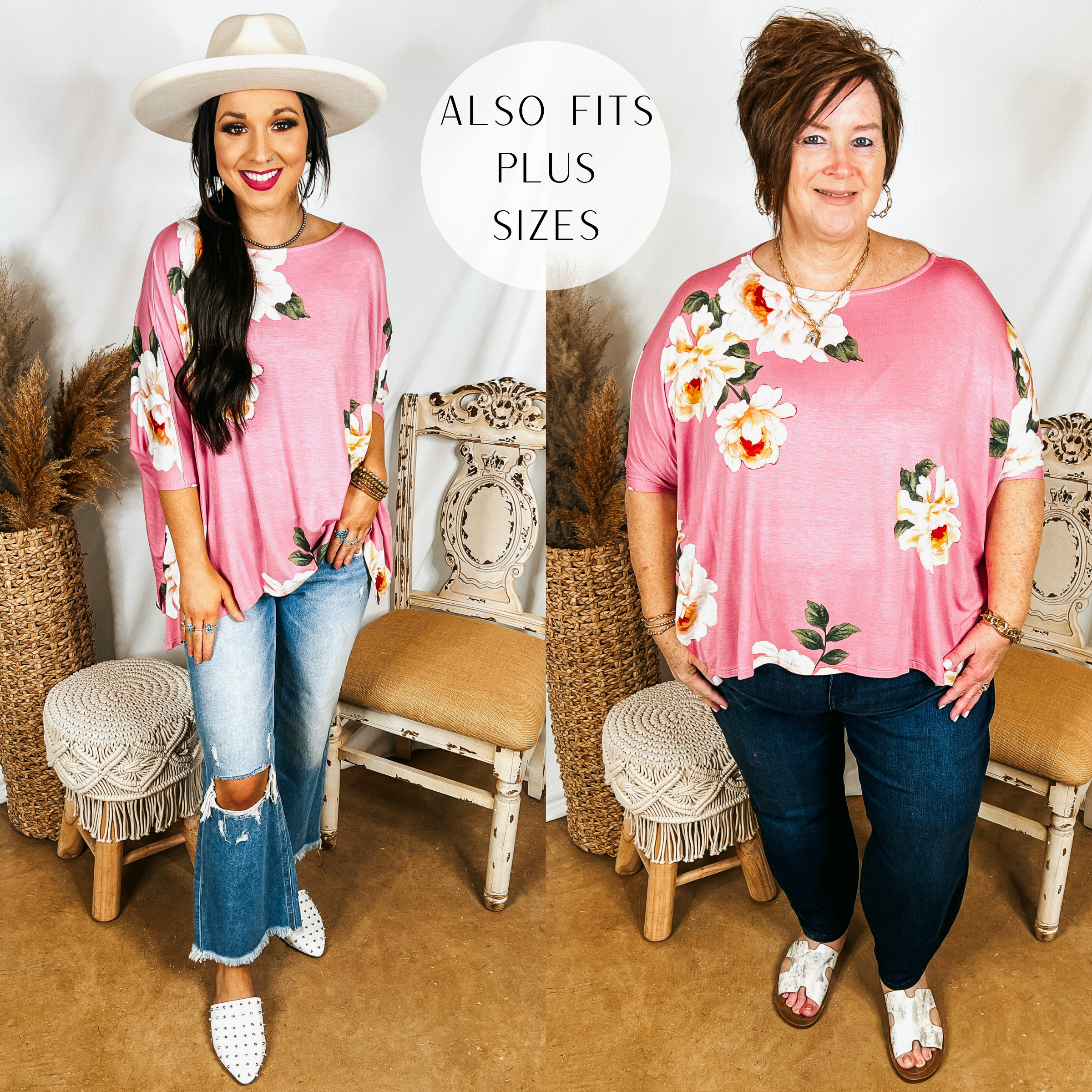 Models are wearing a pink poncho top with ivory flowers. Size small model has it paired with cropped distressed jeans, white mules, and an ivory hat. Plus size model has it paired with dark wash jeans, white sandals, and gold jewelry.