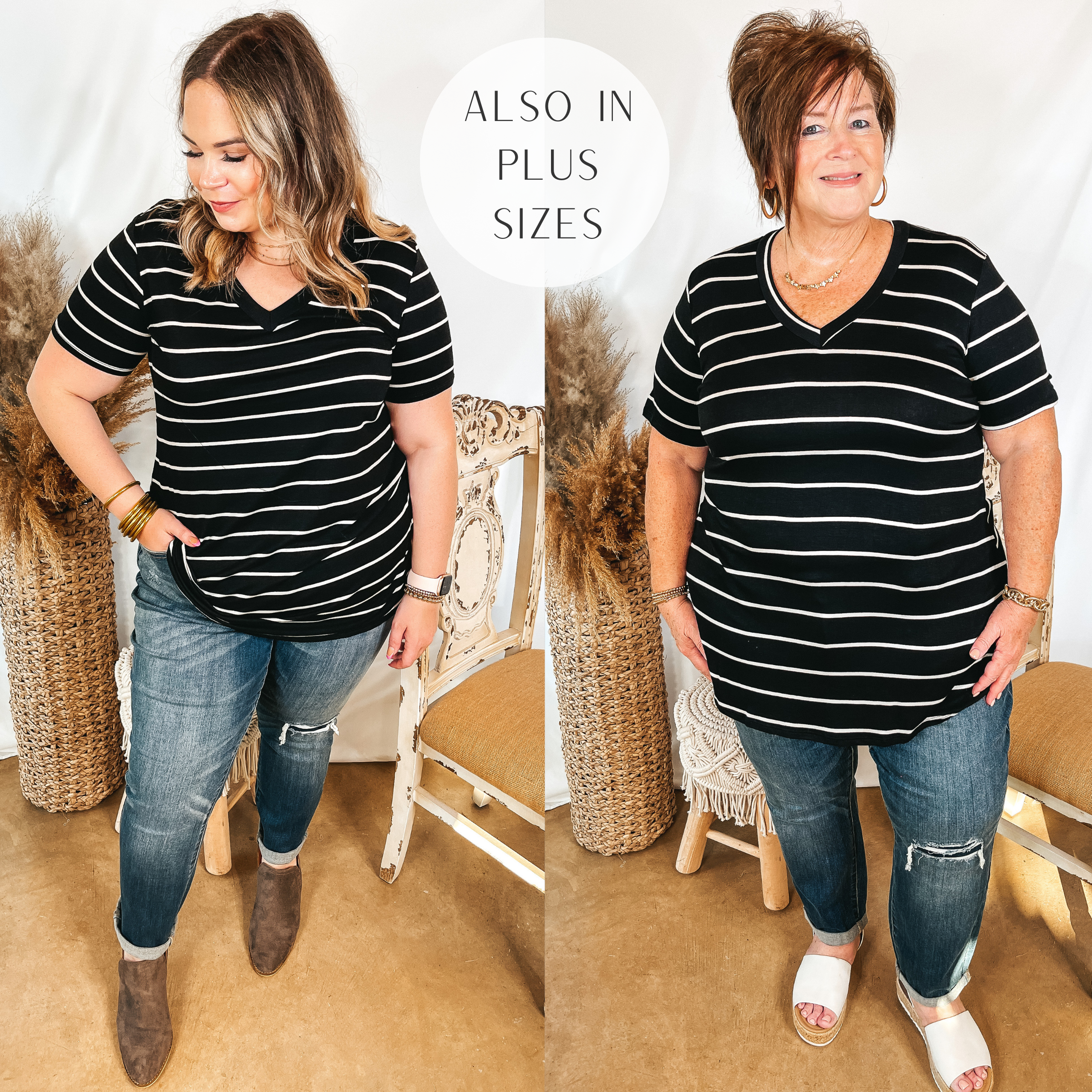 Models are wearing a black v neck top that has white stripes. Both models have it paired with patch knee boyfriend jeans. Size large model has it paired with brown booties and gold jewelry. Plus size model has it paired with white sandals and gold jewelry.