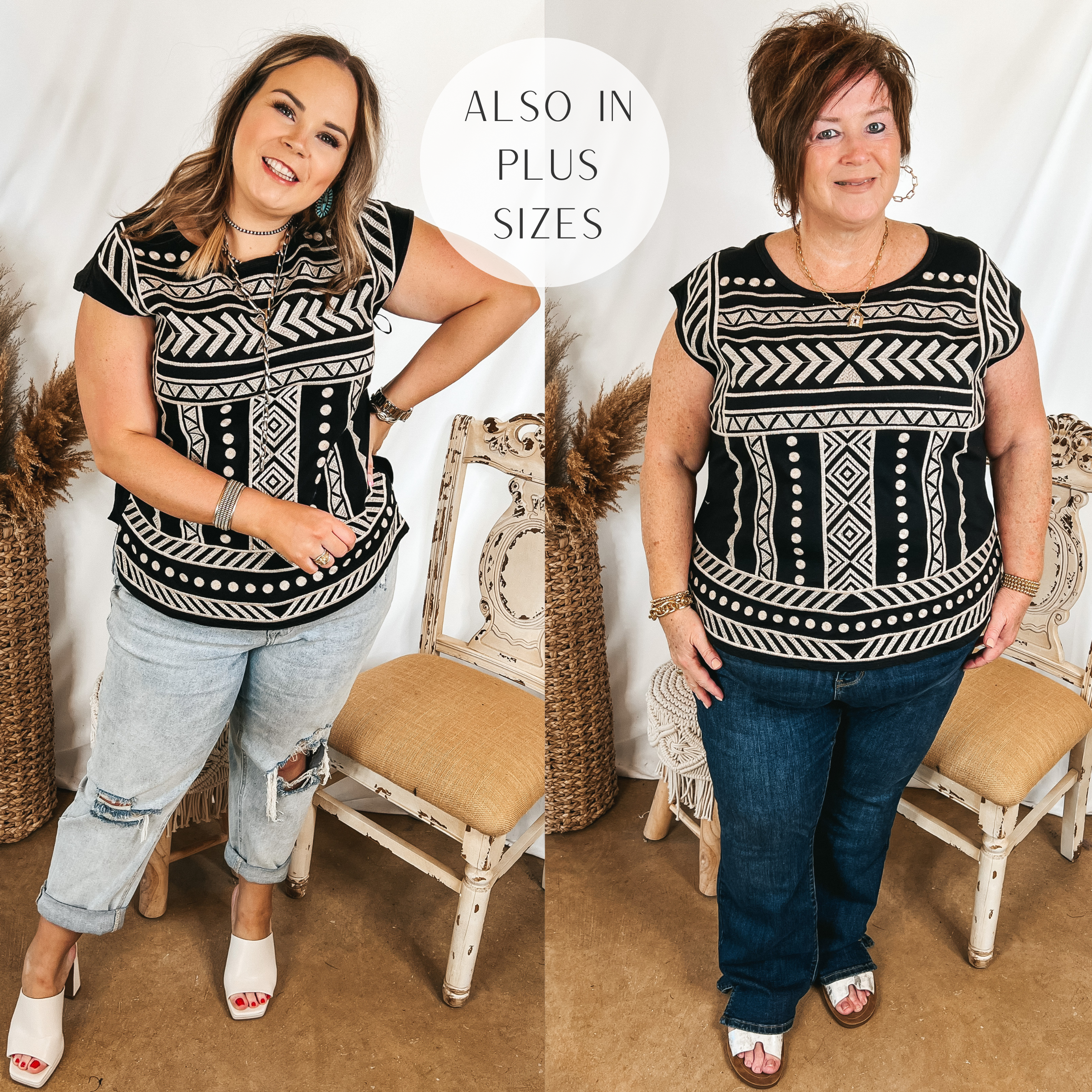 Models are wearing a black cap sleeve top that has ivory embroidery on the front. Size large model has it paired with light wash jeans, white heels, and silver jewelry. Plus size model has it paired with bootcut jeans, white sandals, and gold jewelry.