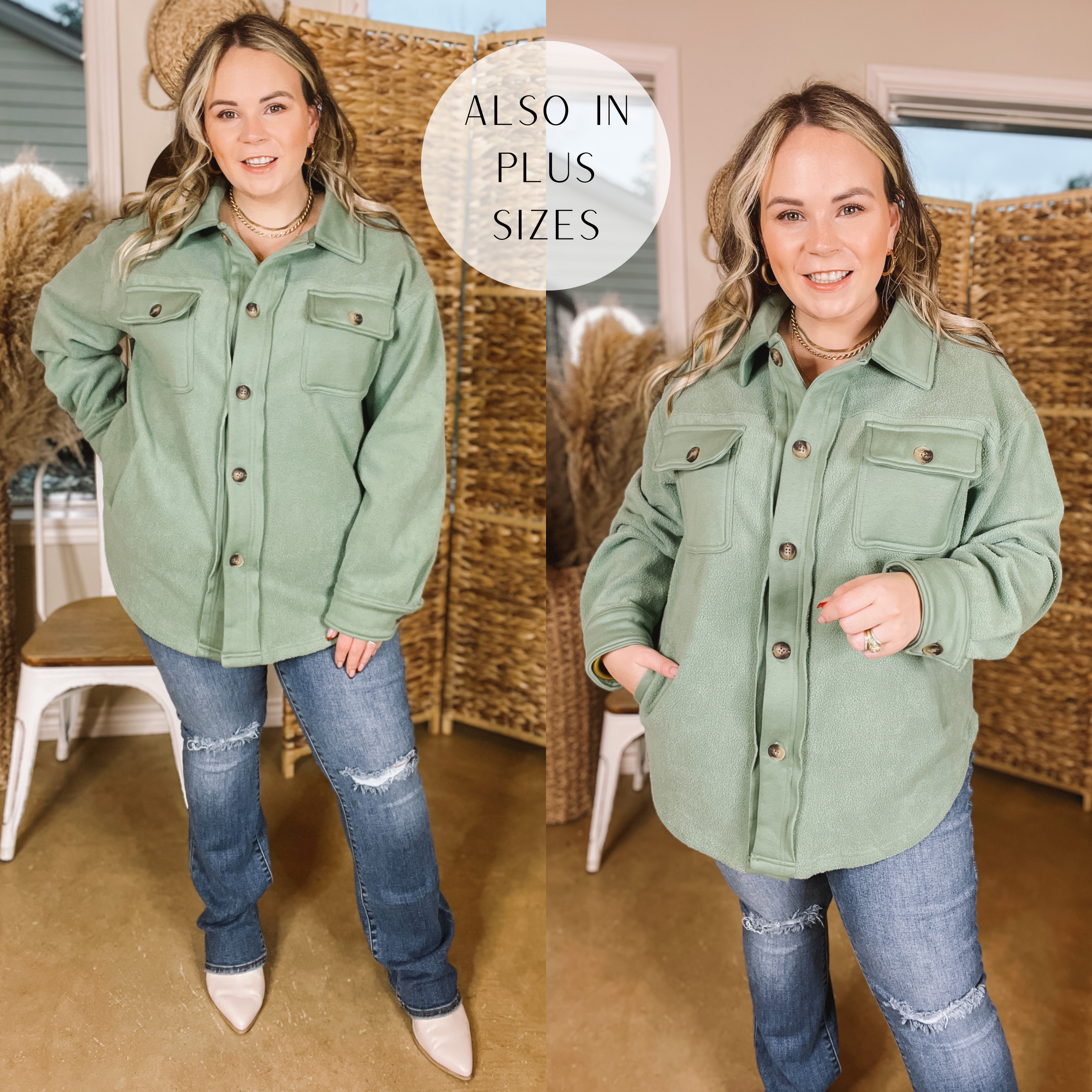 Hollywood Hike Button Up Fleece Jacket with Pockets in Mint - Giddy Up Glamour Boutique